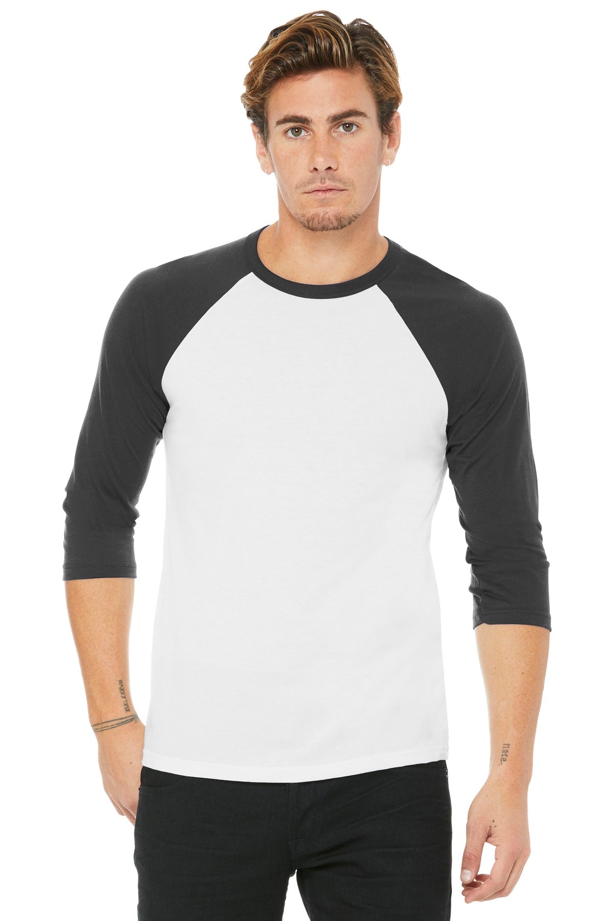 BELLA+CANVAS Unisex 3/4-Sleeve Baseball Tee. BC3200 - White/ Asphalt - front