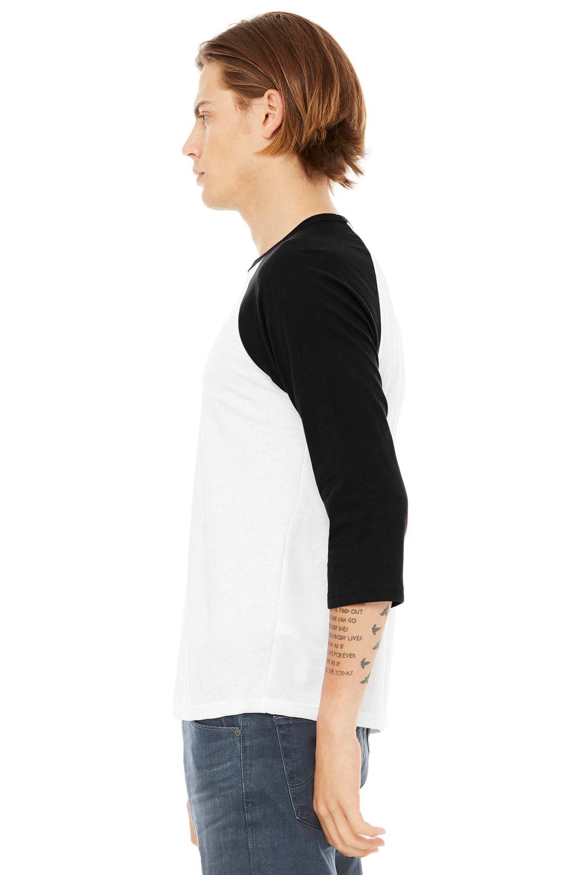 BELLA+CANVAS Unisex 3/4-Sleeve Baseball Tee. BC3200 - White/ Black - side