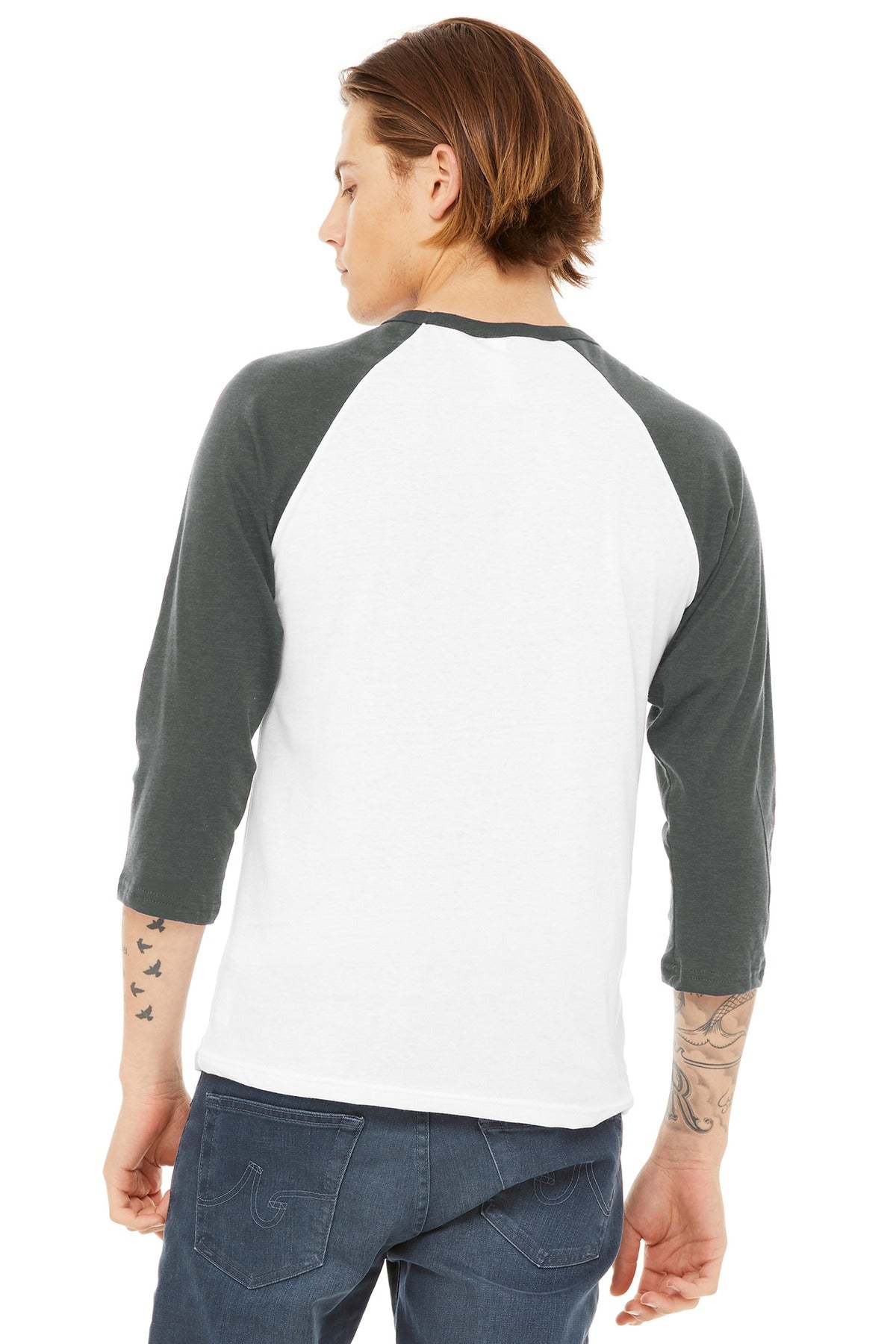 BELLA+CANVAS Unisex 3/4-Sleeve Baseball Tee. BC3200 - White/ Deep Heather - back