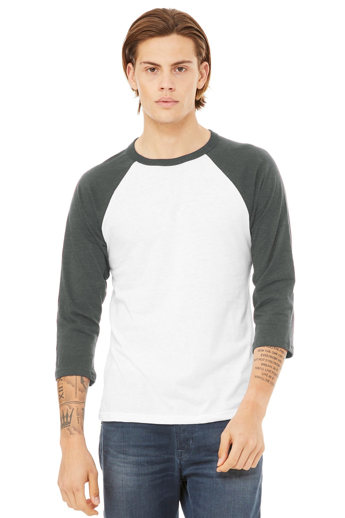 BELLA+CANVAS Unisex 3/4-Sleeve Baseball Tee. BC3200 - White/ Deep Heather - front