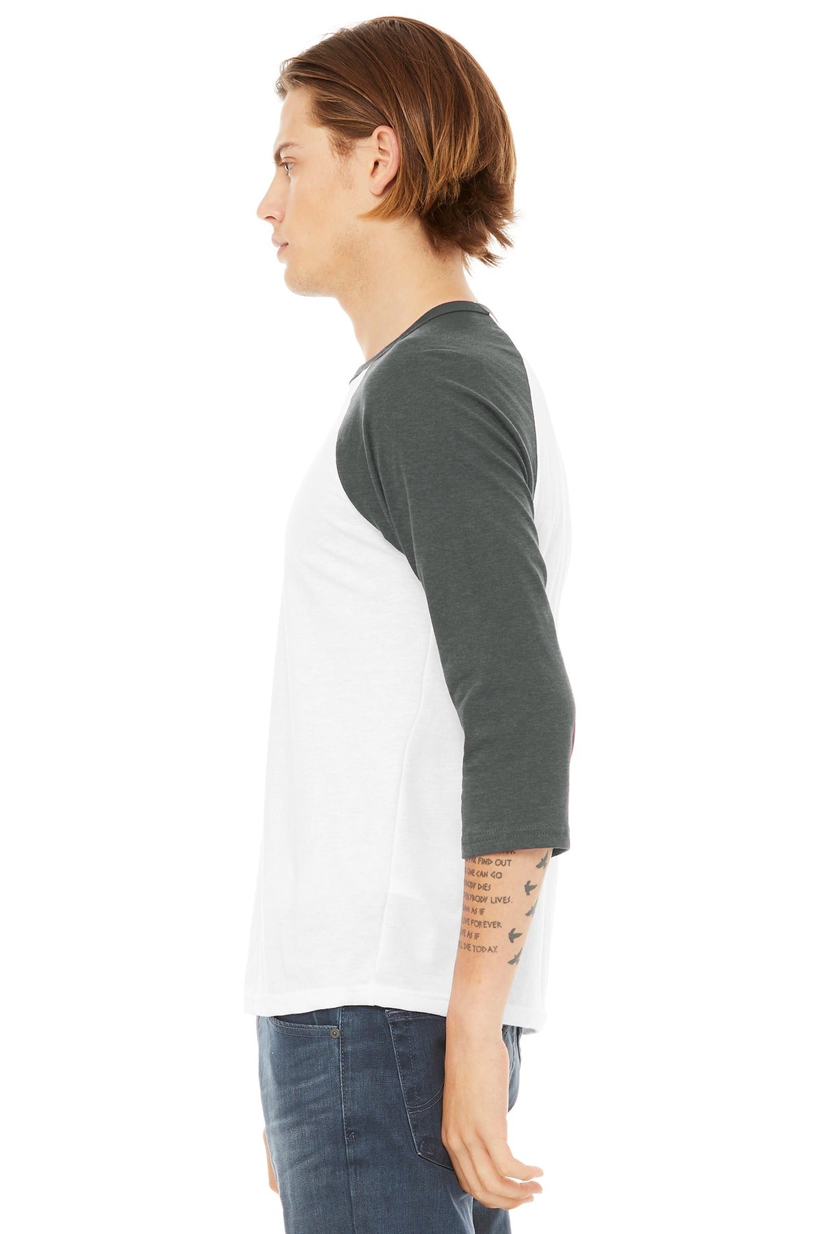 BELLA+CANVAS Unisex 3/4-Sleeve Baseball Tee. BC3200 - White/ Deep Heather - side