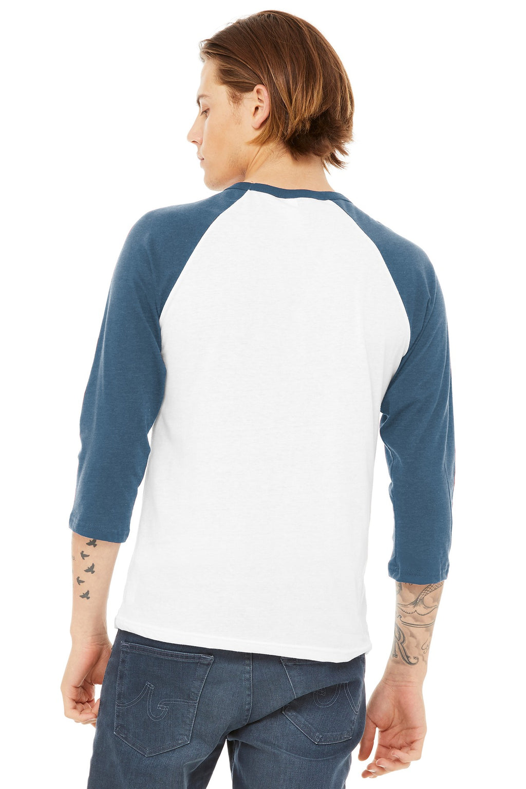 BELLA+CANVAS Unisex 3/4-Sleeve Baseball Tee. BC3200 - White/ Denim - back