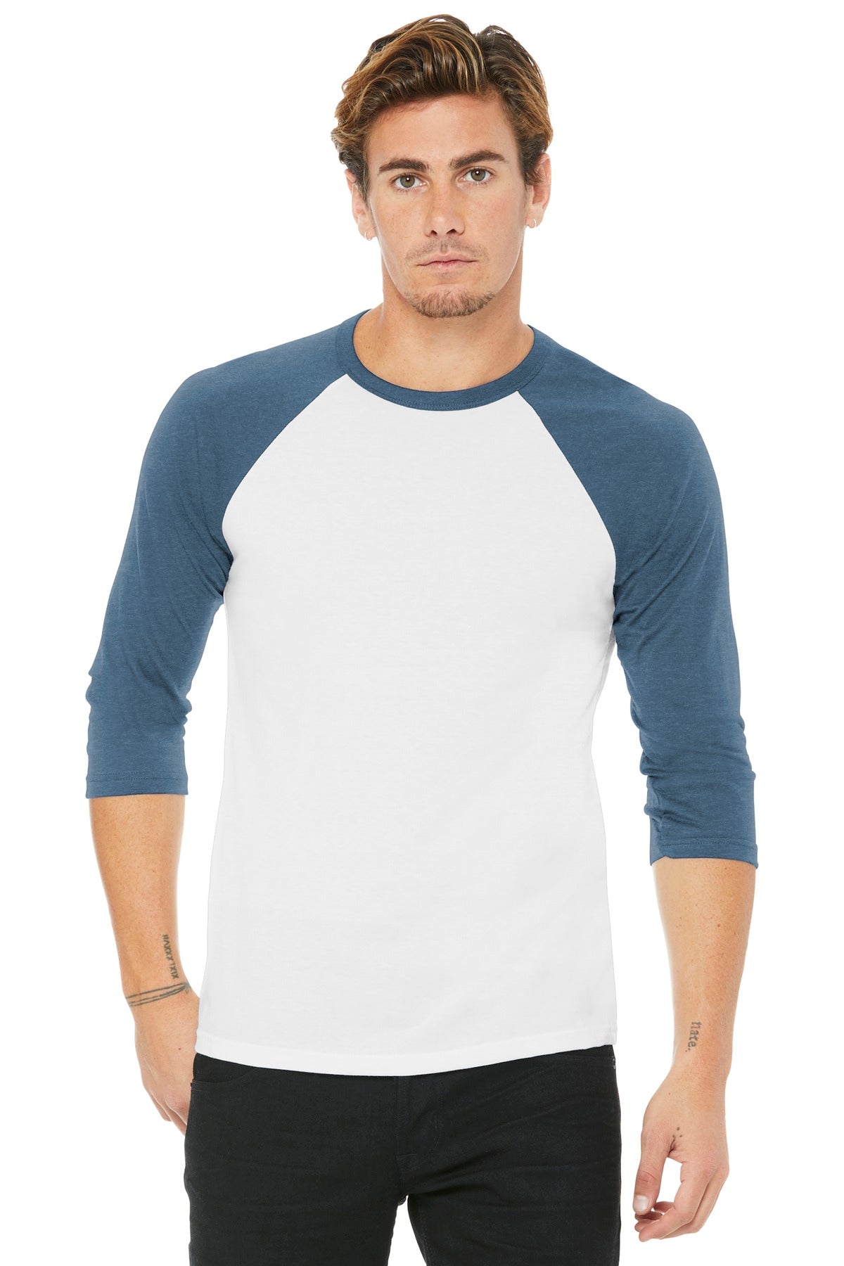 BELLA+CANVAS Unisex 3/4-Sleeve Baseball Tee. BC3200 - White/ Denim - front