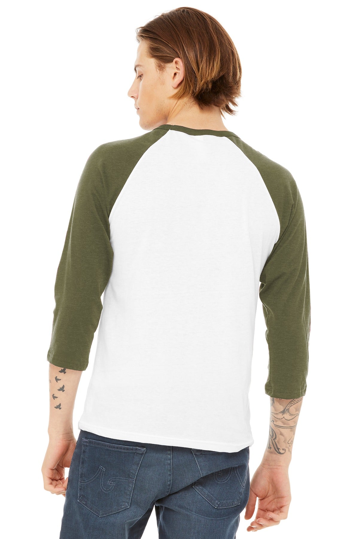 BELLA+CANVAS Unisex 3/4-Sleeve Baseball Tee. BC3200 - White/ Heather Olive - back