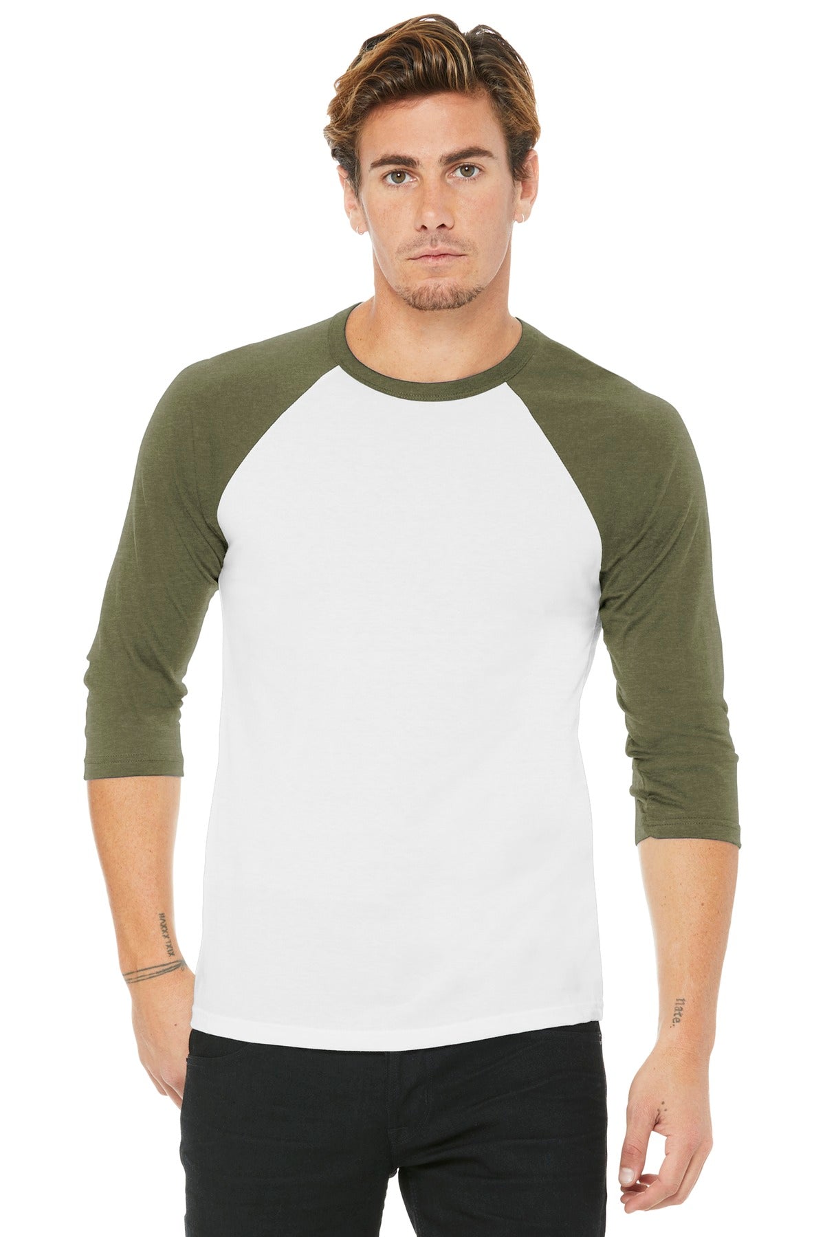 BELLA+CANVAS Unisex 3/4-Sleeve Baseball Tee. BC3200 - White/ Heather Olive - front