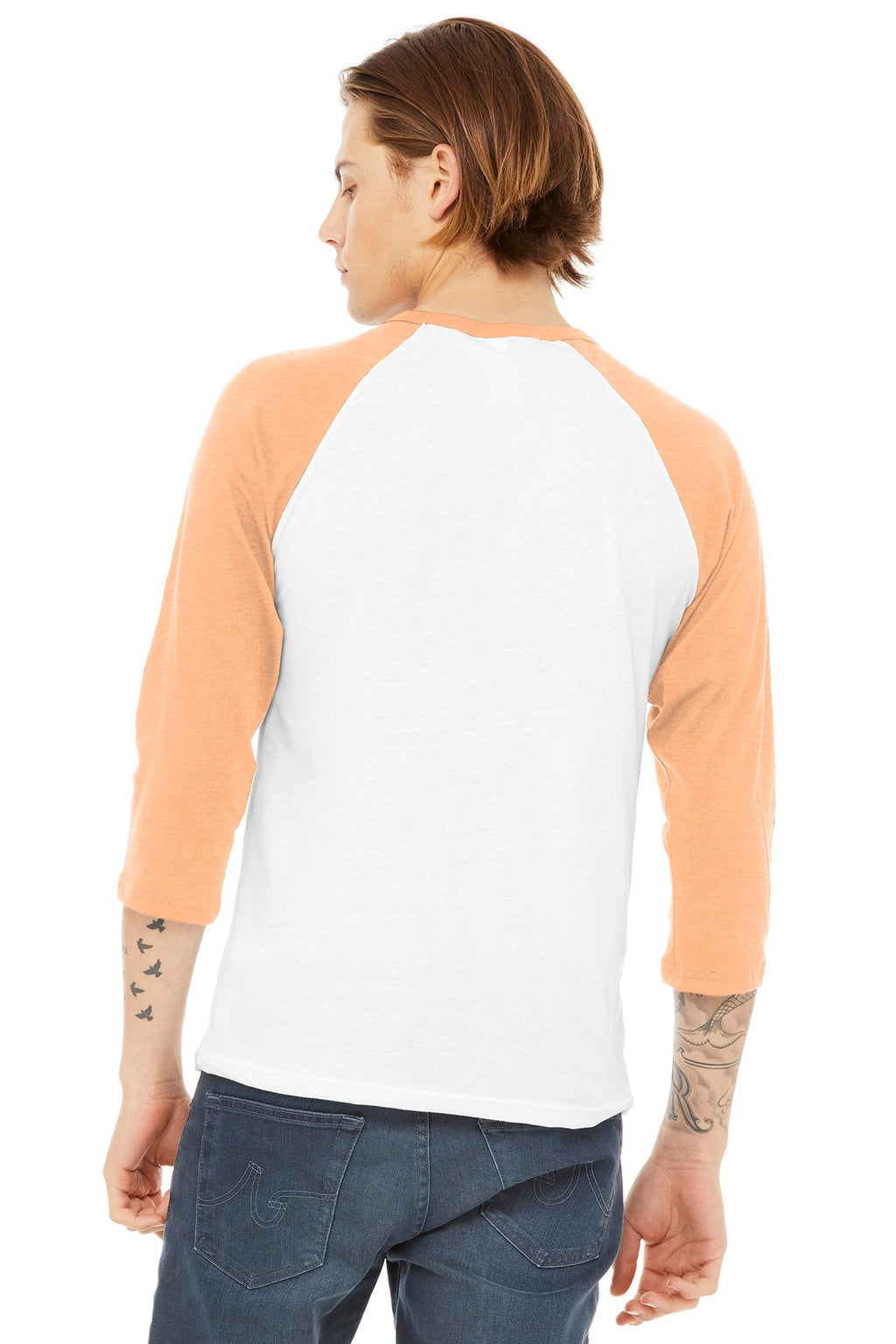 BELLA+CANVAS Unisex 3/4-Sleeve Baseball Tee. BC3200 - White/ Heather Peach - back