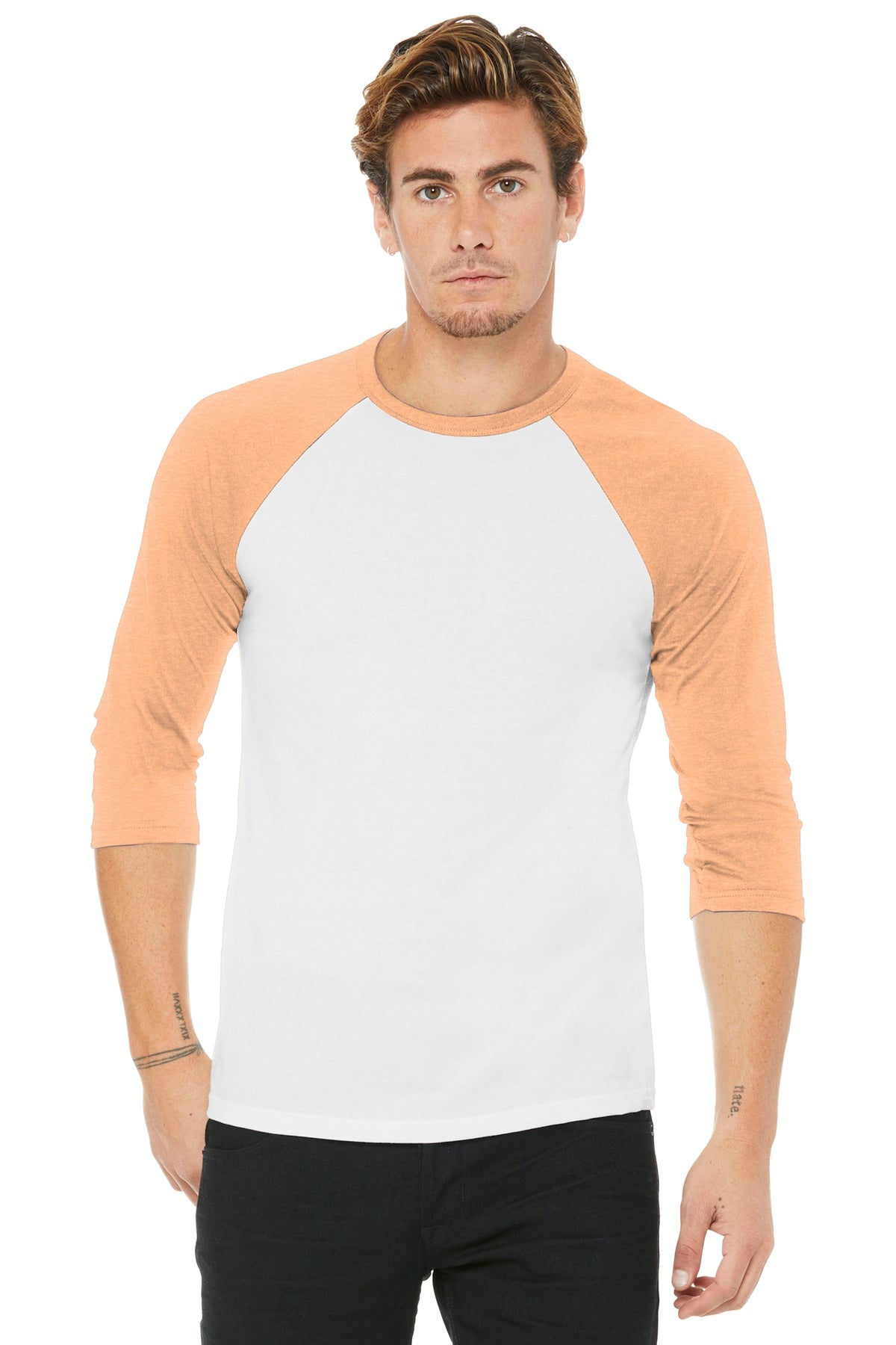 BELLA+CANVAS Unisex 3/4-Sleeve Baseball Tee. BC3200 - White/ Heather Peach - front