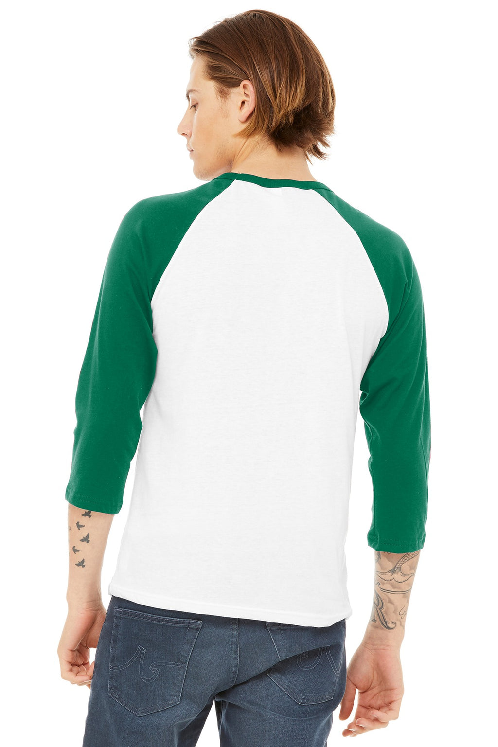 BELLA+CANVAS Unisex 3/4-Sleeve Baseball Tee. BC3200 - White/ Kelly - back