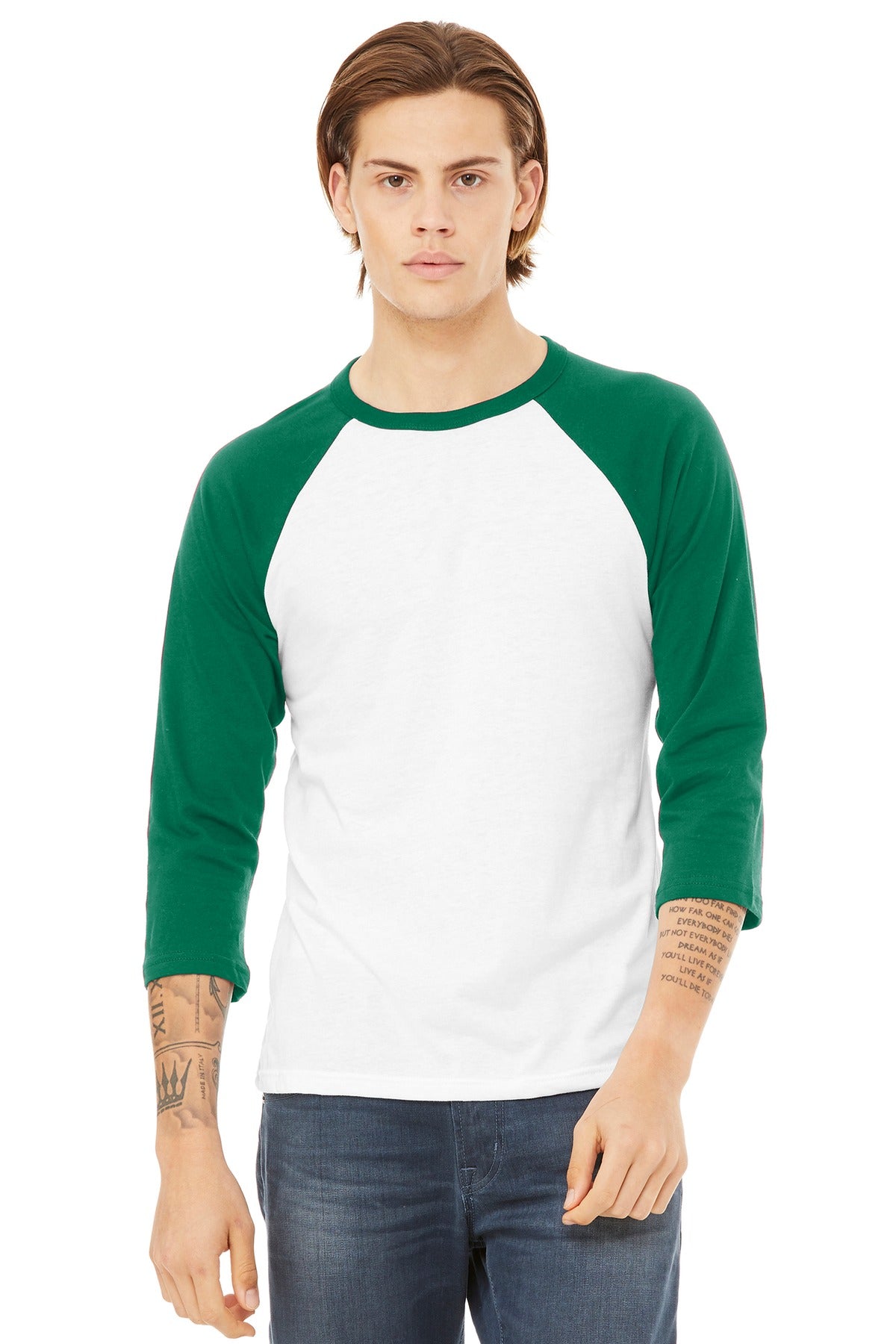 BELLA+CANVAS Unisex 3/4-Sleeve Baseball Tee. BC3200 - White/ Kelly - front