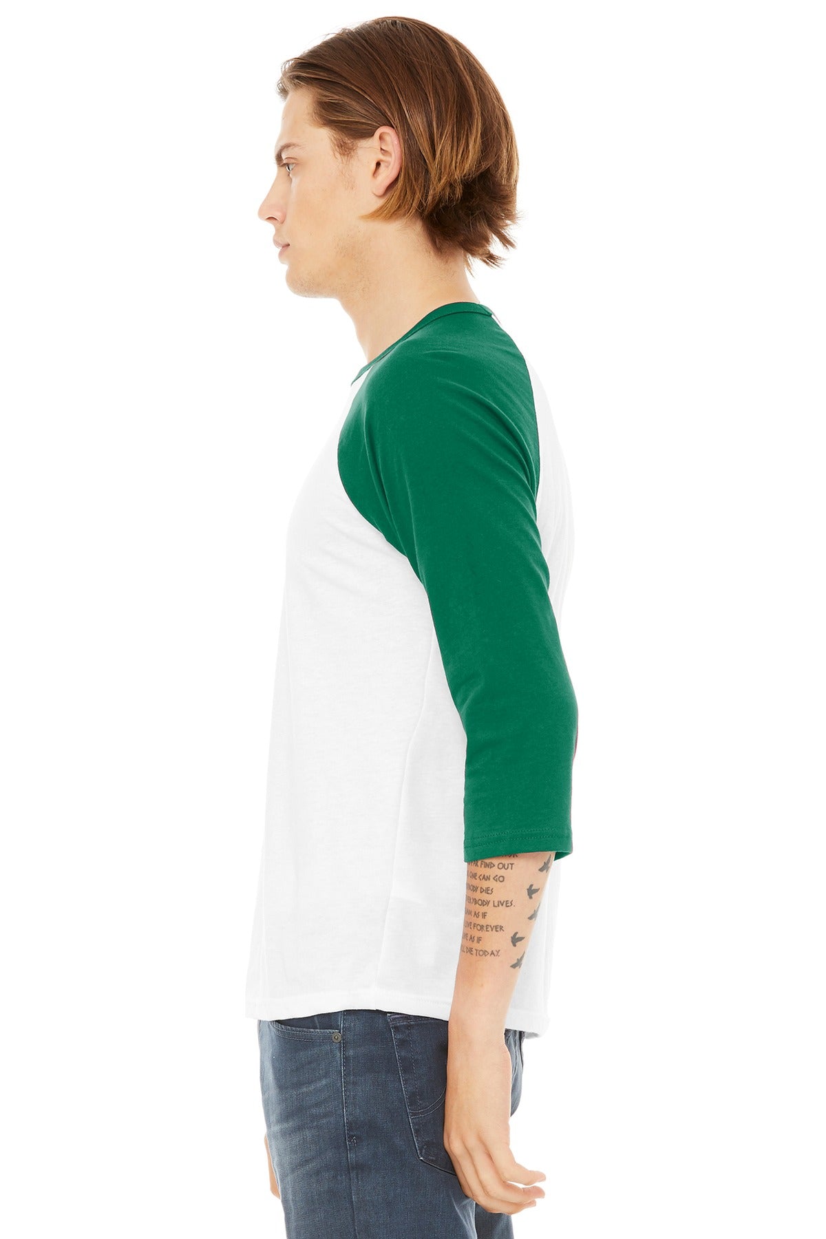 BELLA+CANVAS Unisex 3/4-Sleeve Baseball Tee. BC3200 - White/ Kelly - side