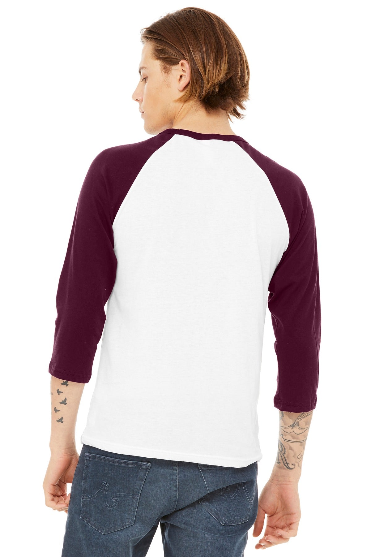BELLA+CANVAS Unisex 3/4-Sleeve Baseball Tee. BC3200 - White/ Maroon - back