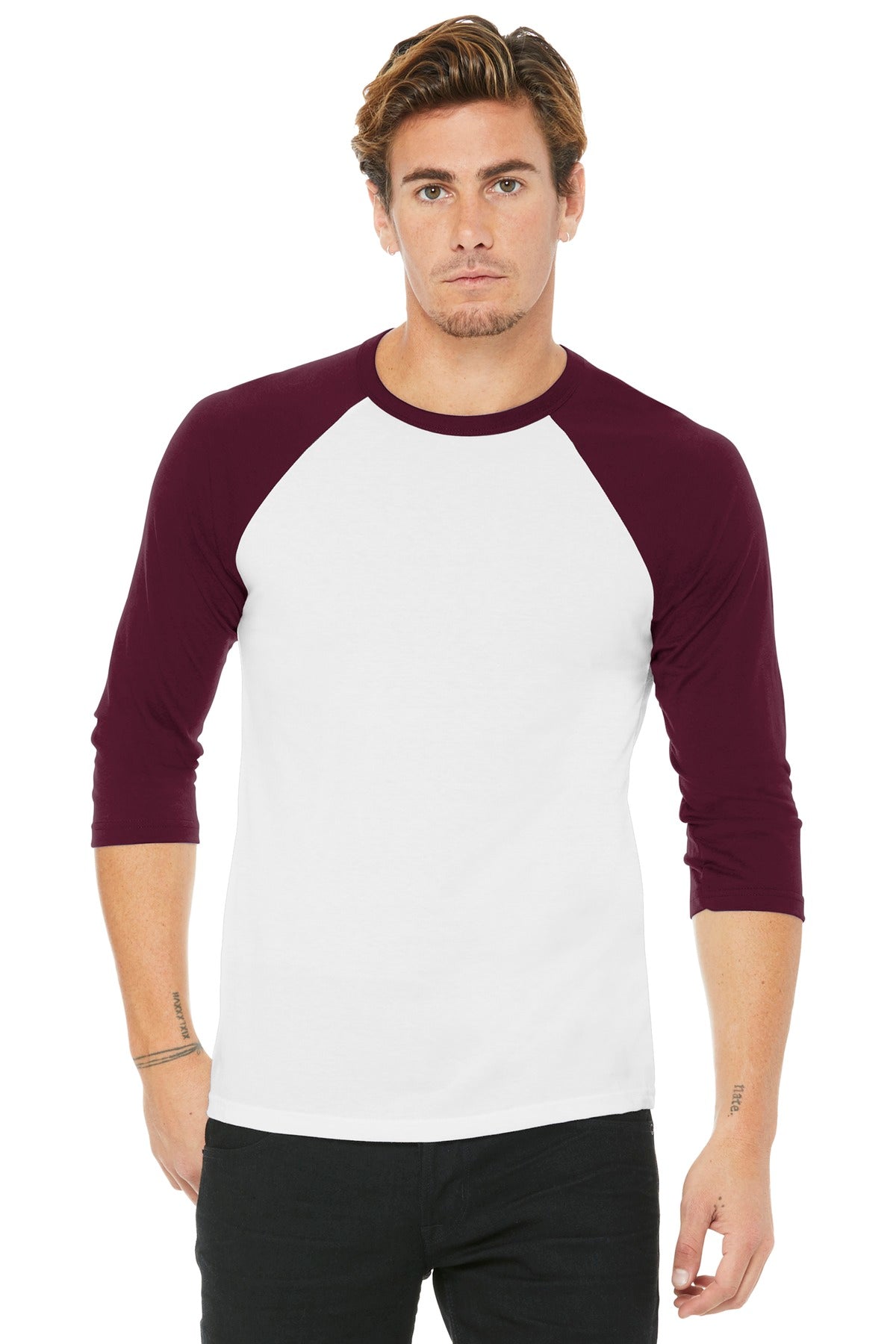 BELLA+CANVAS Unisex 3/4-Sleeve Baseball Tee. BC3200 - White/ Maroon - front
