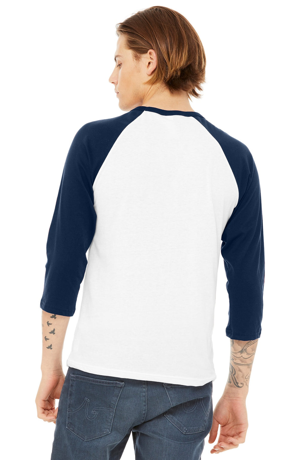 BELLA+CANVAS Unisex 3/4-Sleeve Baseball Tee. BC3200 - White/ Navy - back