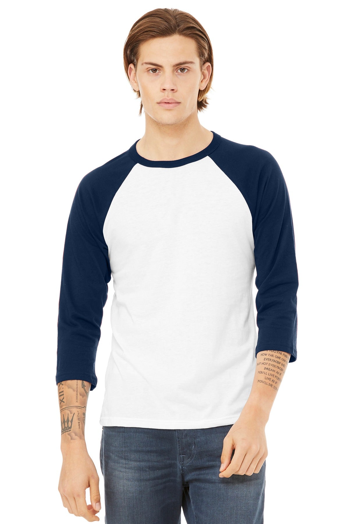 BELLA+CANVAS Unisex 3/4-Sleeve Baseball Tee. BC3200 - White/ Navy - front