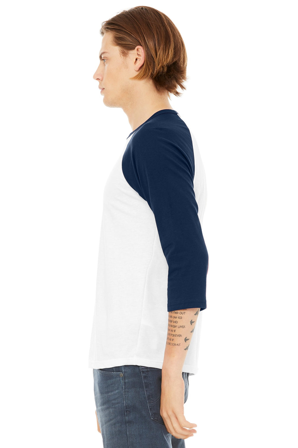 BELLA+CANVAS Unisex 3/4-Sleeve Baseball Tee. BC3200 - White/ Navy - side