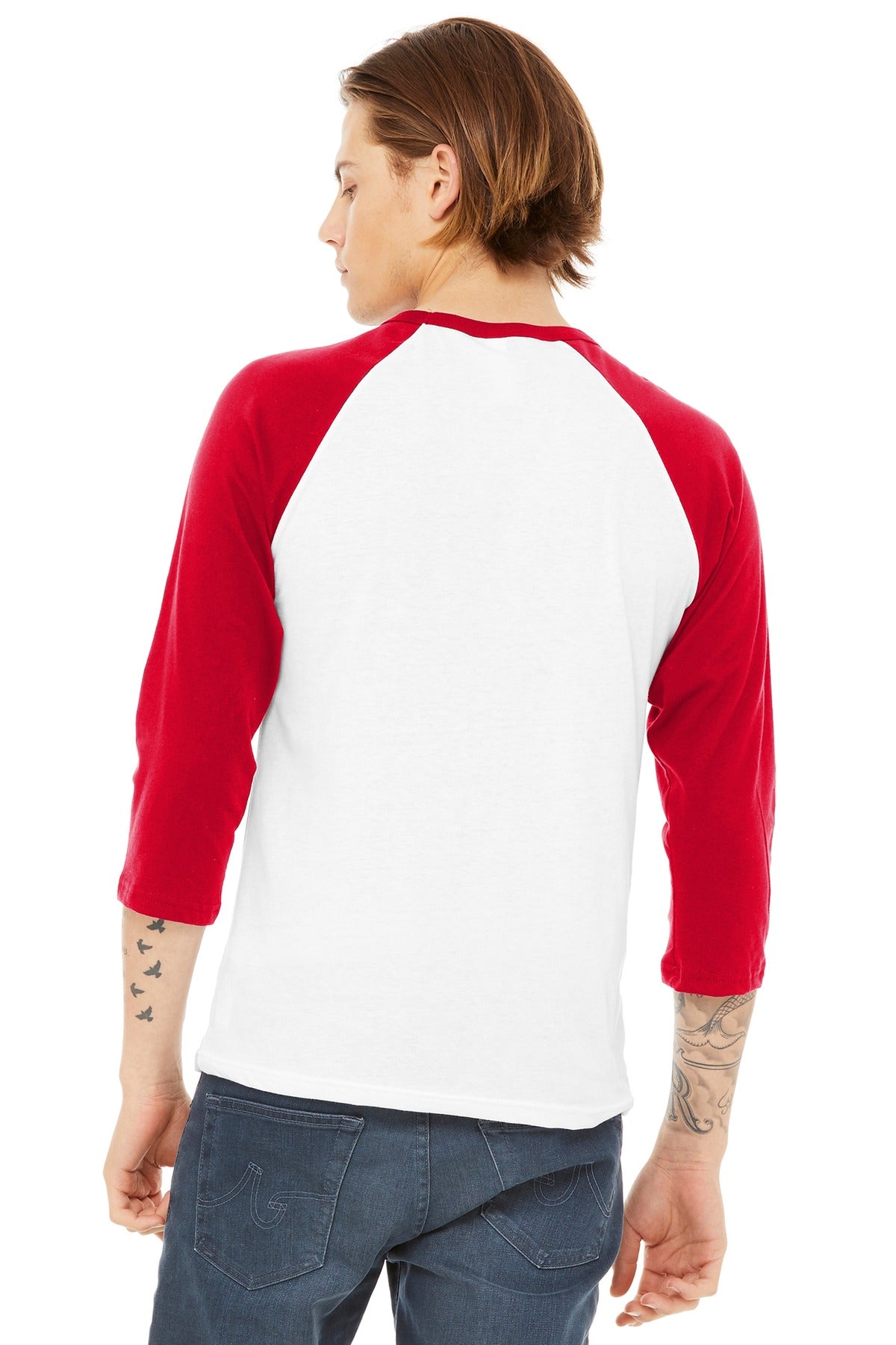 BELLA+CANVAS Unisex 3/4-Sleeve Baseball Tee. BC3200 - White/ Red - back