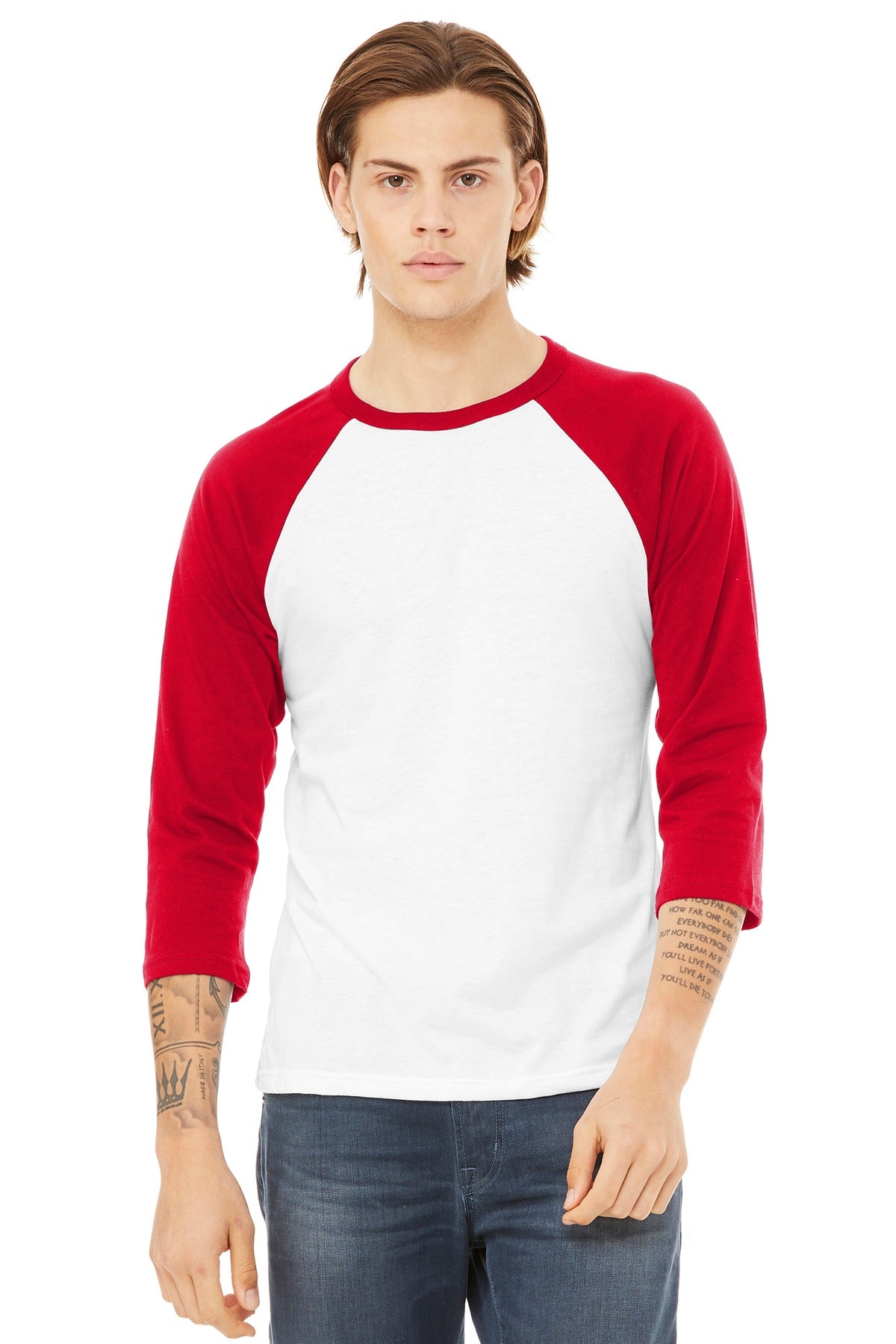 BELLA+CANVAS Unisex 3/4-Sleeve Baseball Tee. BC3200 - White/ Red - front