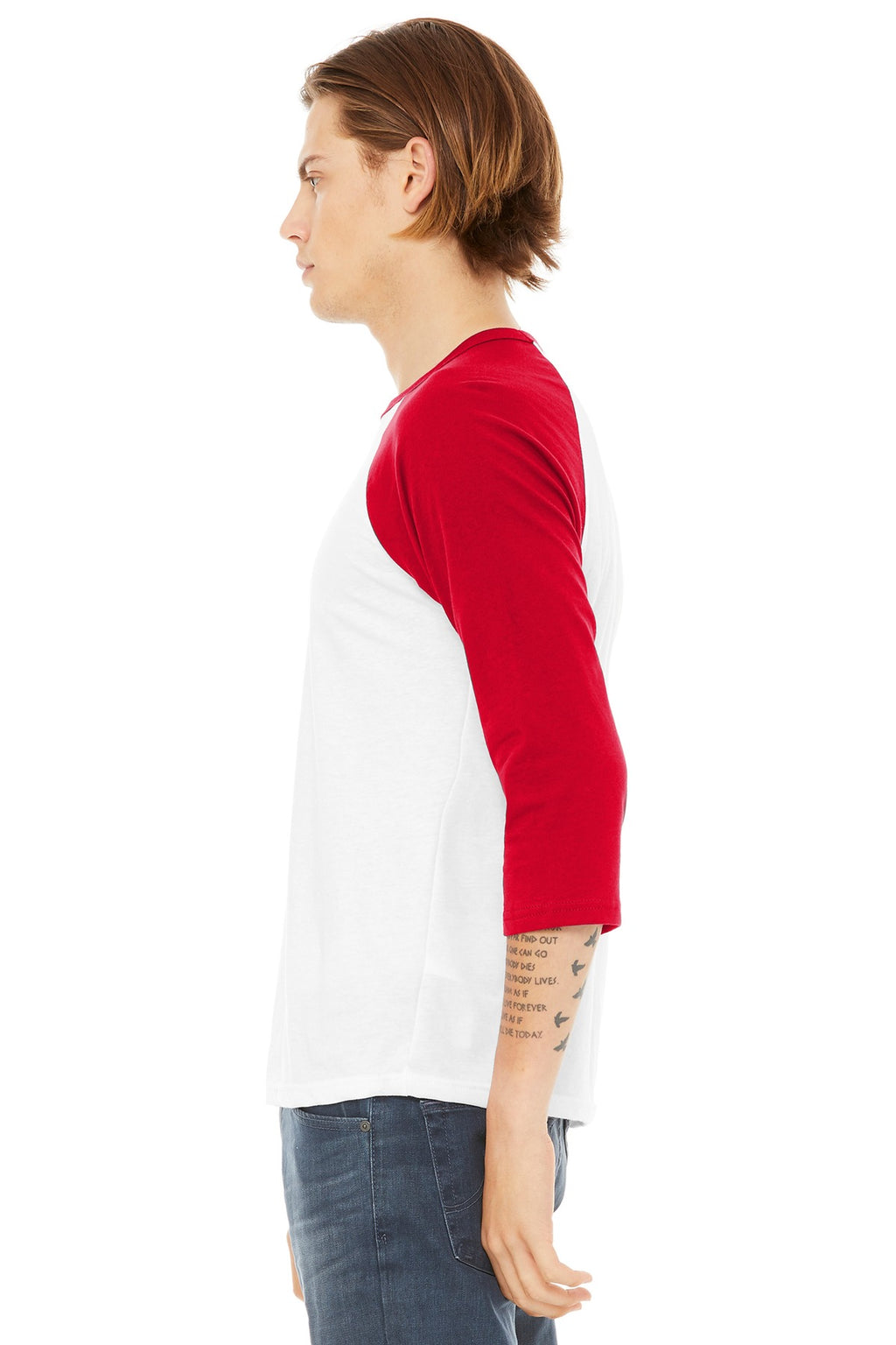 BELLA+CANVAS Unisex 3/4-Sleeve Baseball Tee. BC3200 - White/ Red - side