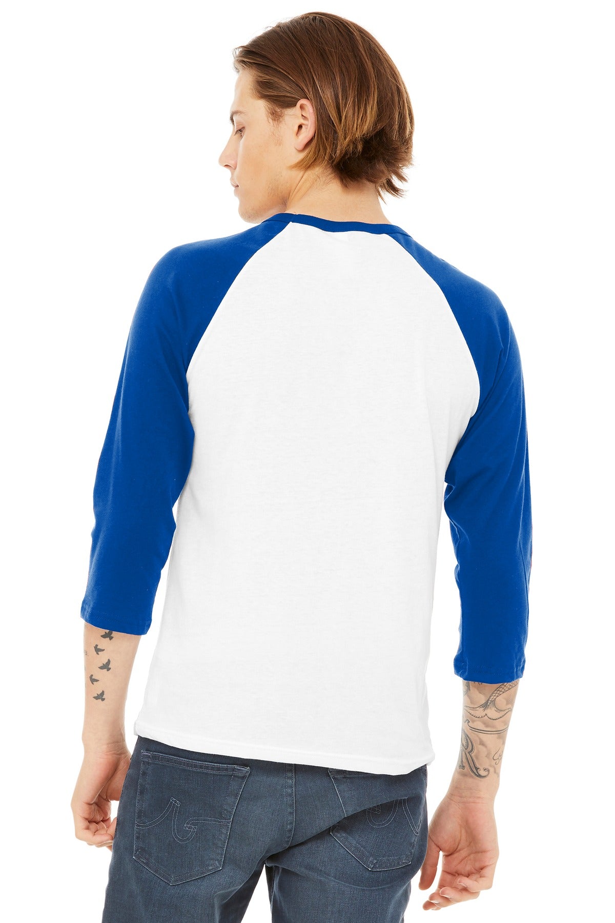 BELLA+CANVAS Unisex 3/4-Sleeve Baseball Tee. BC3200 - White/ True Royal - back