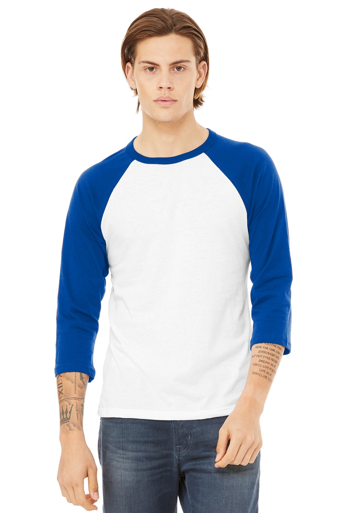 BELLA+CANVAS Unisex 3/4-Sleeve Baseball Tee. BC3200 - White/ True Royal - front