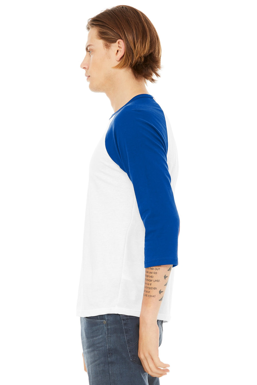 BELLA+CANVAS Unisex 3/4-Sleeve Baseball Tee. BC3200 - White/ True Royal - side