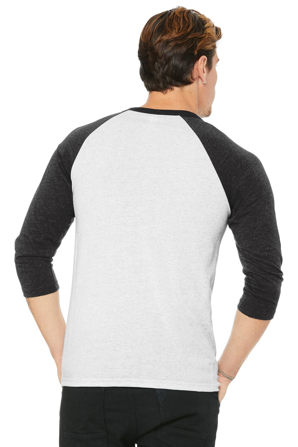 BELLA+CANVAS Unisex 3/4-Sleeve Baseball Tee. BC3200 - White Fleck/ Charcoal-Black Triblend - back