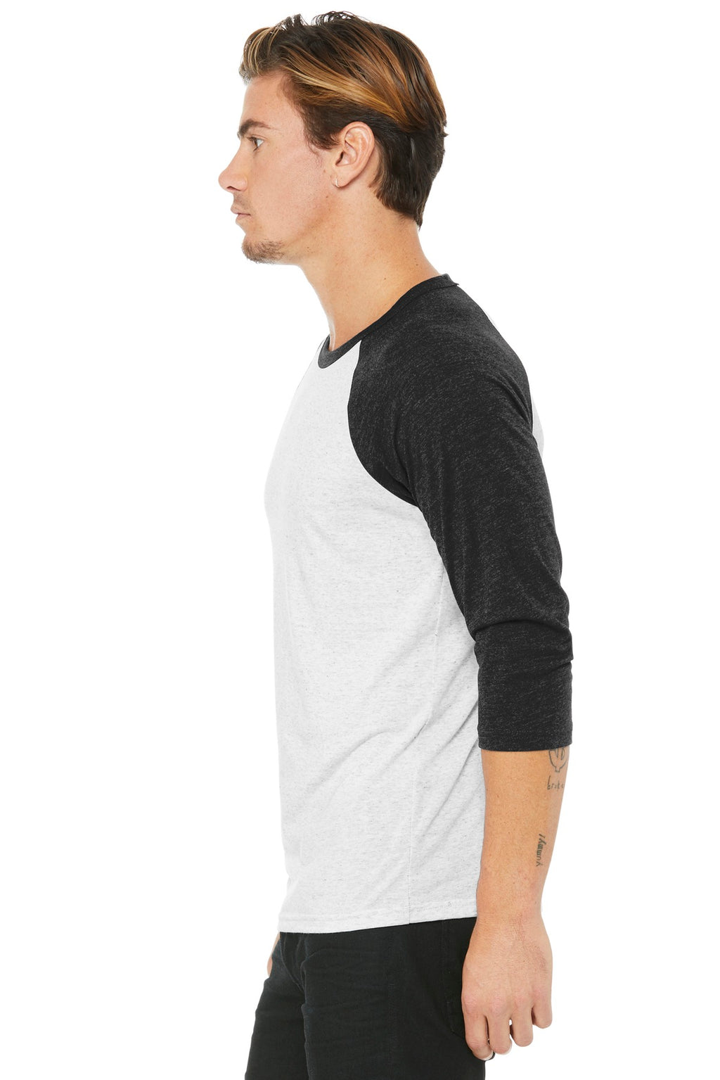 BELLA+CANVAS Unisex 3/4-Sleeve Baseball Tee. BC3200 - White Fleck/ Charcoal-Black Triblend - side
