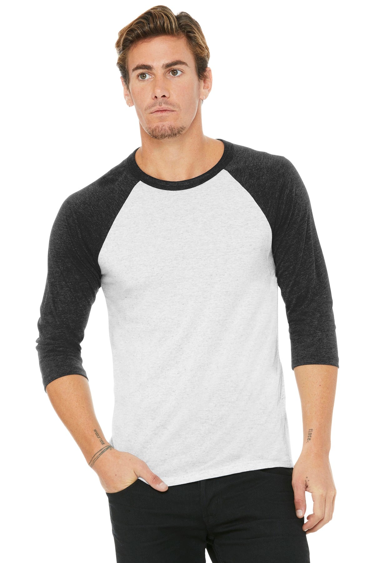 BELLA+CANVAS Unisex 3/4-Sleeve Baseball Tee. BC3200 - White Fleck/ Charcoal-Black Triblend - front