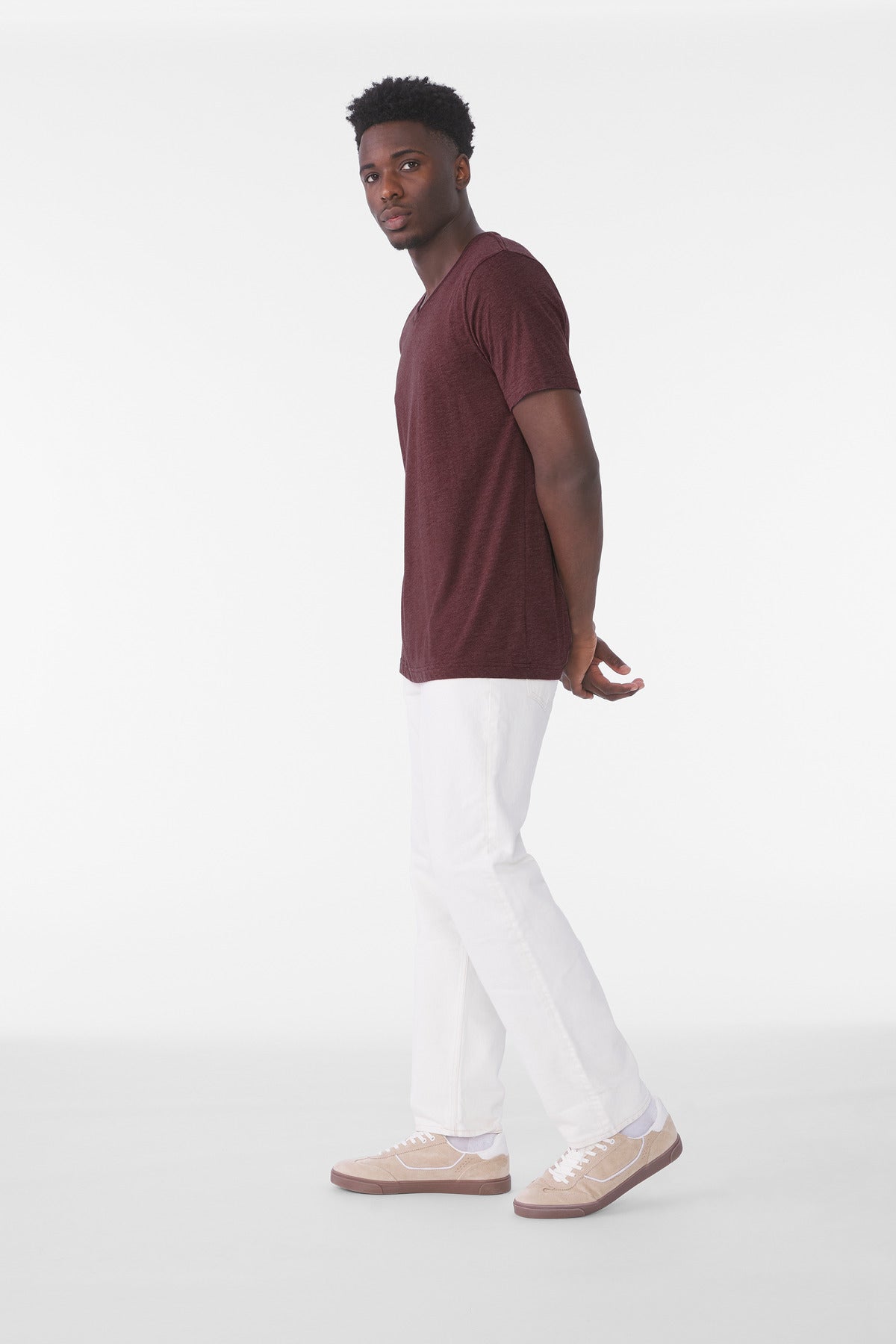 BELLA+CANVAS Unisex Triblend Short Sleeve V-Neck Tee. BC3415 - Maroon Triblend - side