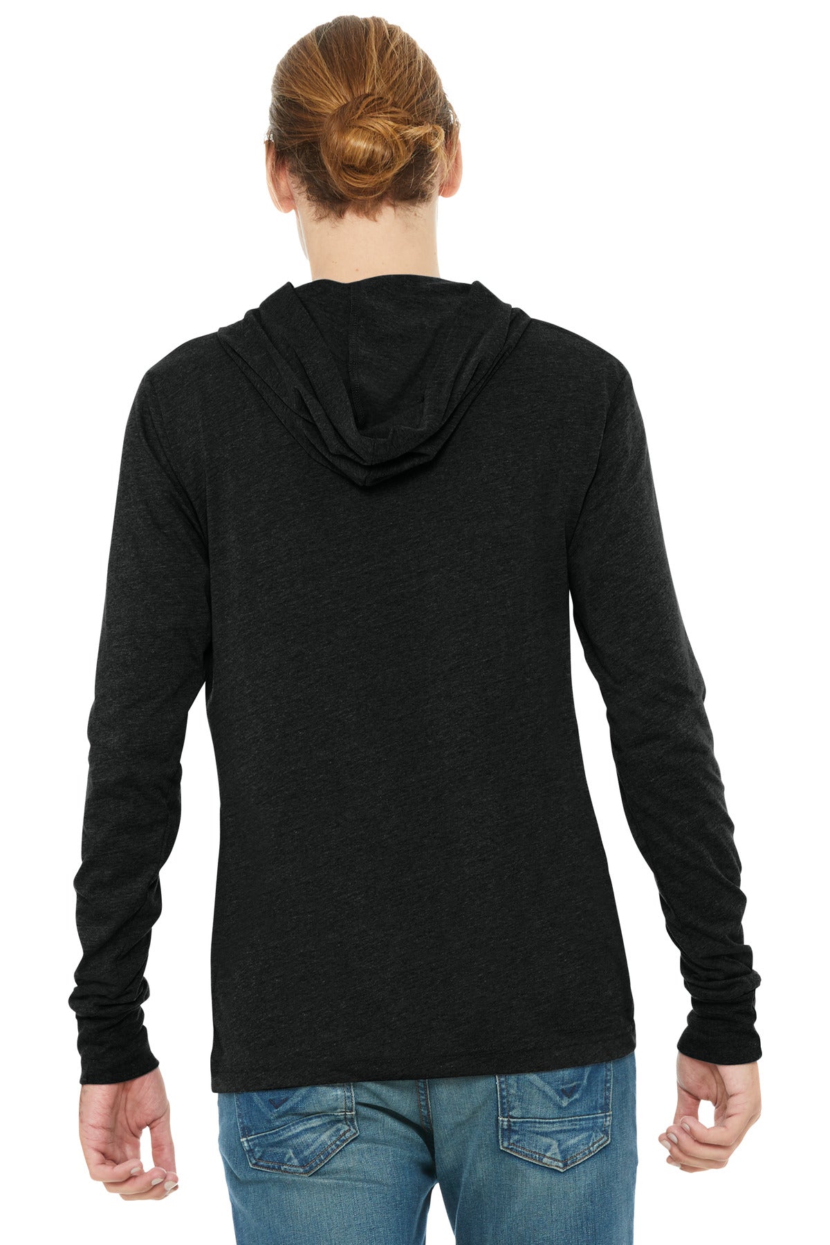 BELLA+CANVAS Unisex Jersey Long Sleeve Hoodie. BC3512 - Charcoal-Black Triblend - back