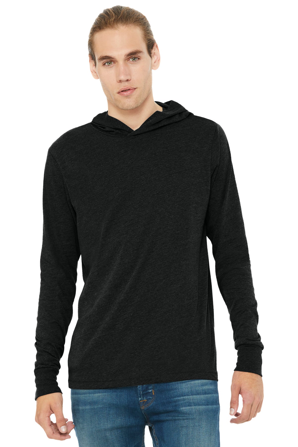BELLA+CANVAS Unisex Jersey Long Sleeve Hoodie. BC3512 - Charcoal-Black Triblend - front