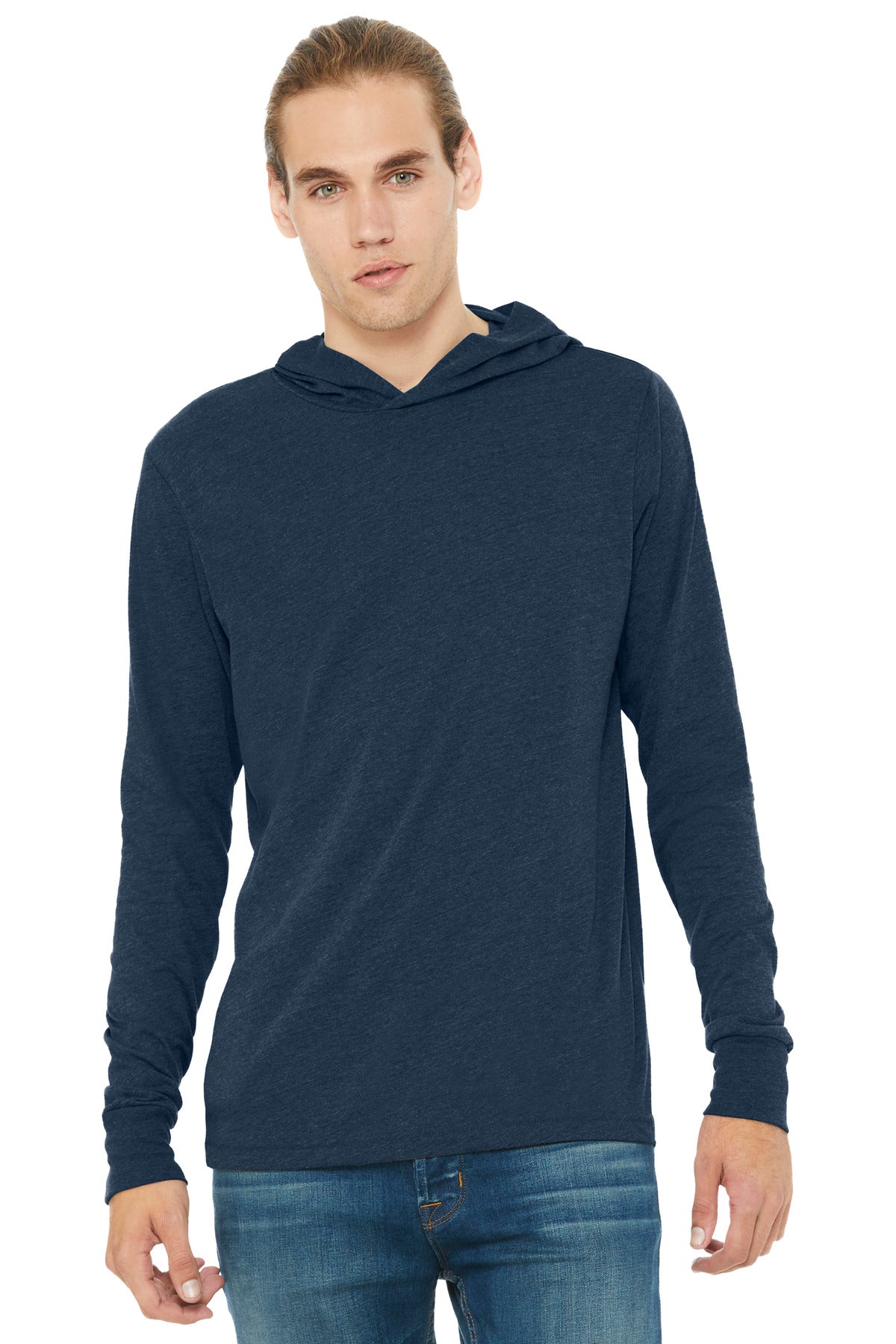 BELLA+CANVAS Unisex Jersey Long Sleeve Hoodie. BC3512 - Heather Navy - front