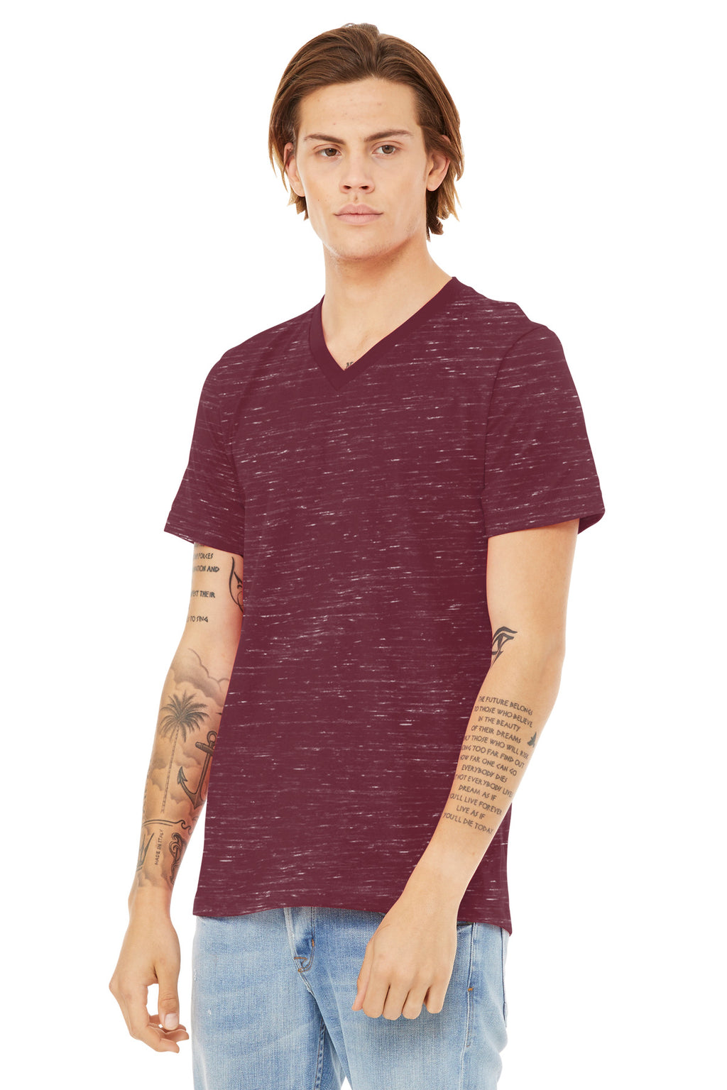 BELLA+CANVAS Unisex Textured Jersey V-Neck Tee BC3655 - Maroon Marble - three_q