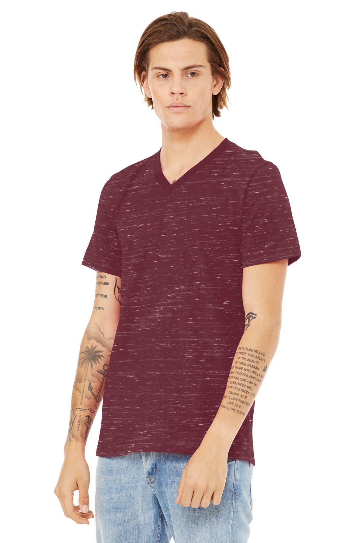 BELLA+CANVAS Unisex Textured Jersey V-Neck Tee BC3655 - Maroon Marble - three_q