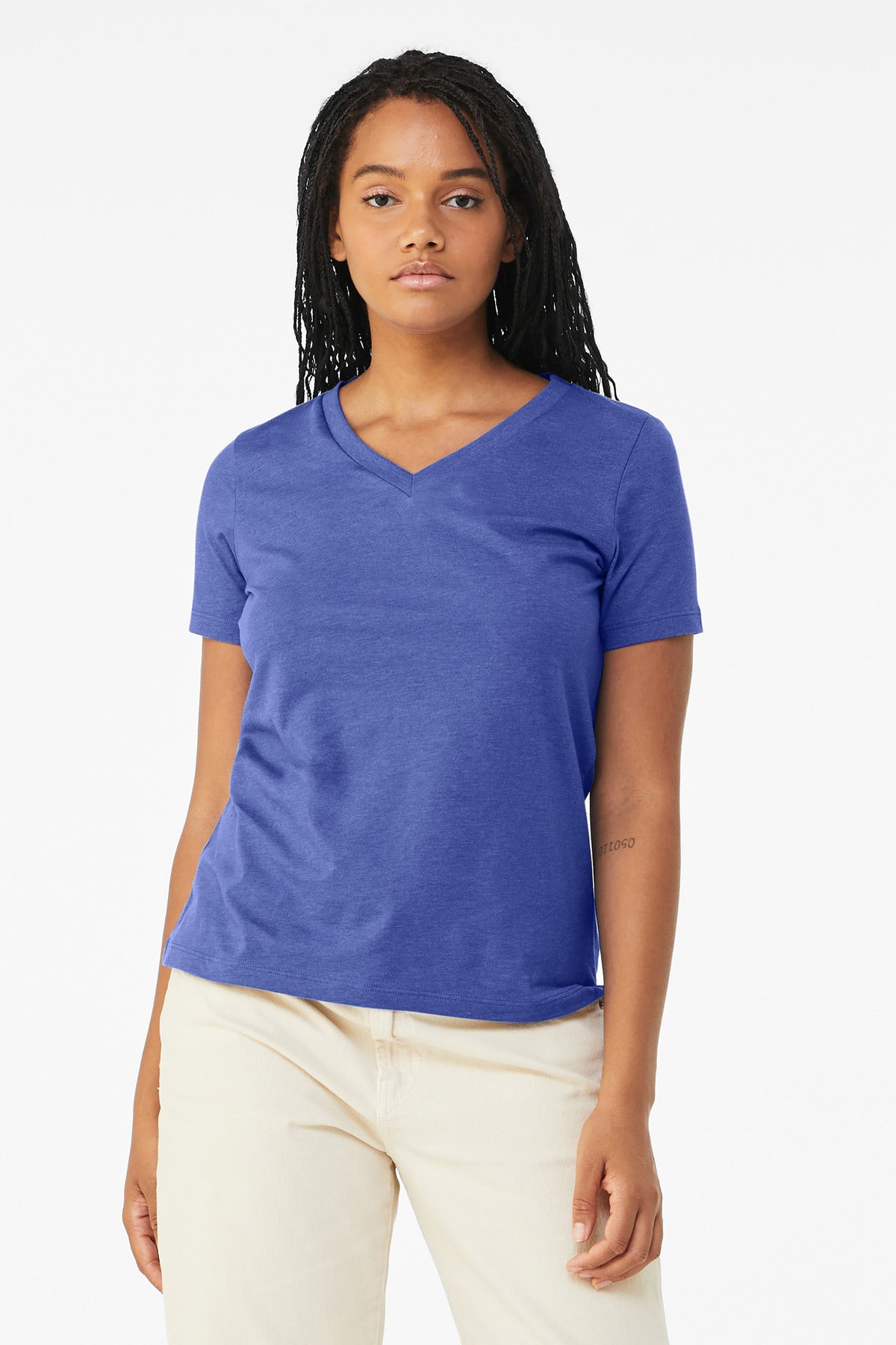 BELLA+CANVAS Women's Relaxed Heather CVC V-Neck Tee BC6405CVC - Heather True Royal - front