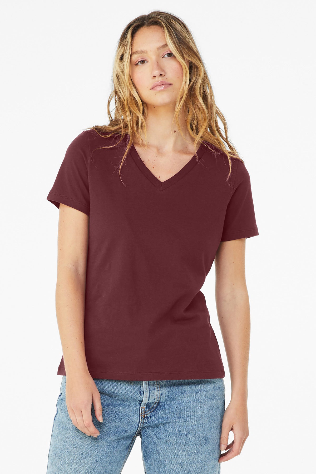 BELLA+CANVAS Women's Relaxed Jersey Short Sleeve V-Neck Tee. BC6405 - Maroon - front