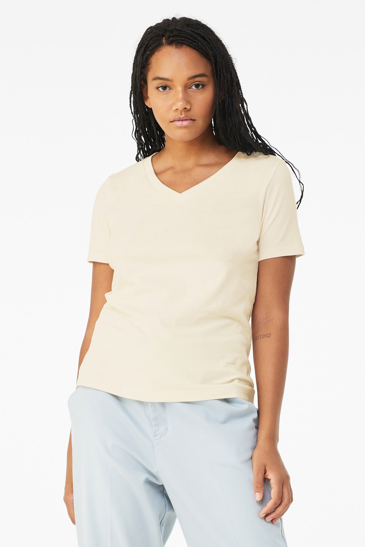BELLA+CANVAS Women's Relaxed Jersey Short Sleeve V-Neck Tee. BC6405 - Natural - front