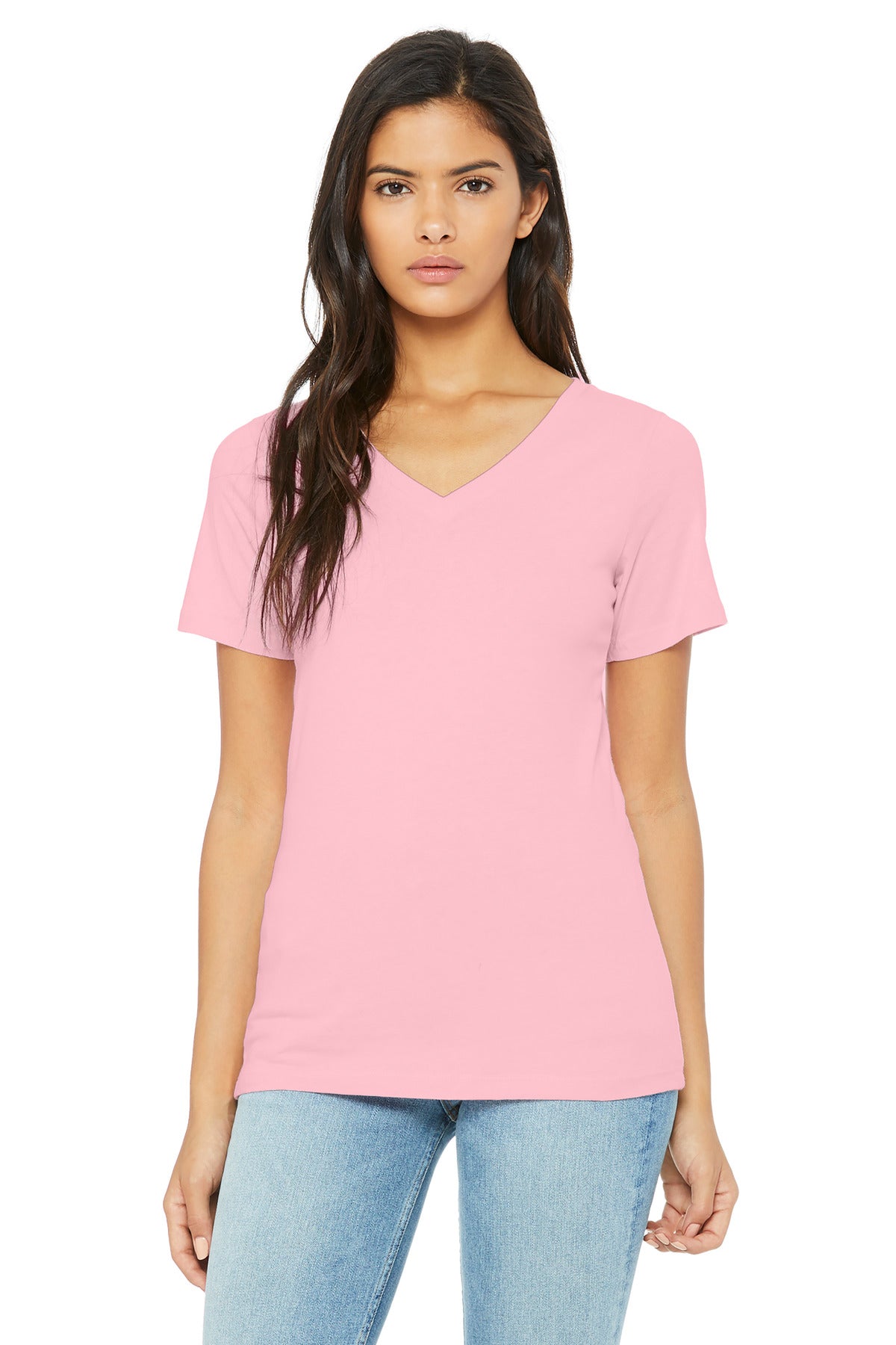 BELLA+CANVAS Women's Relaxed Jersey Short Sleeve V-Neck Tee. BC6405 - Pink - front