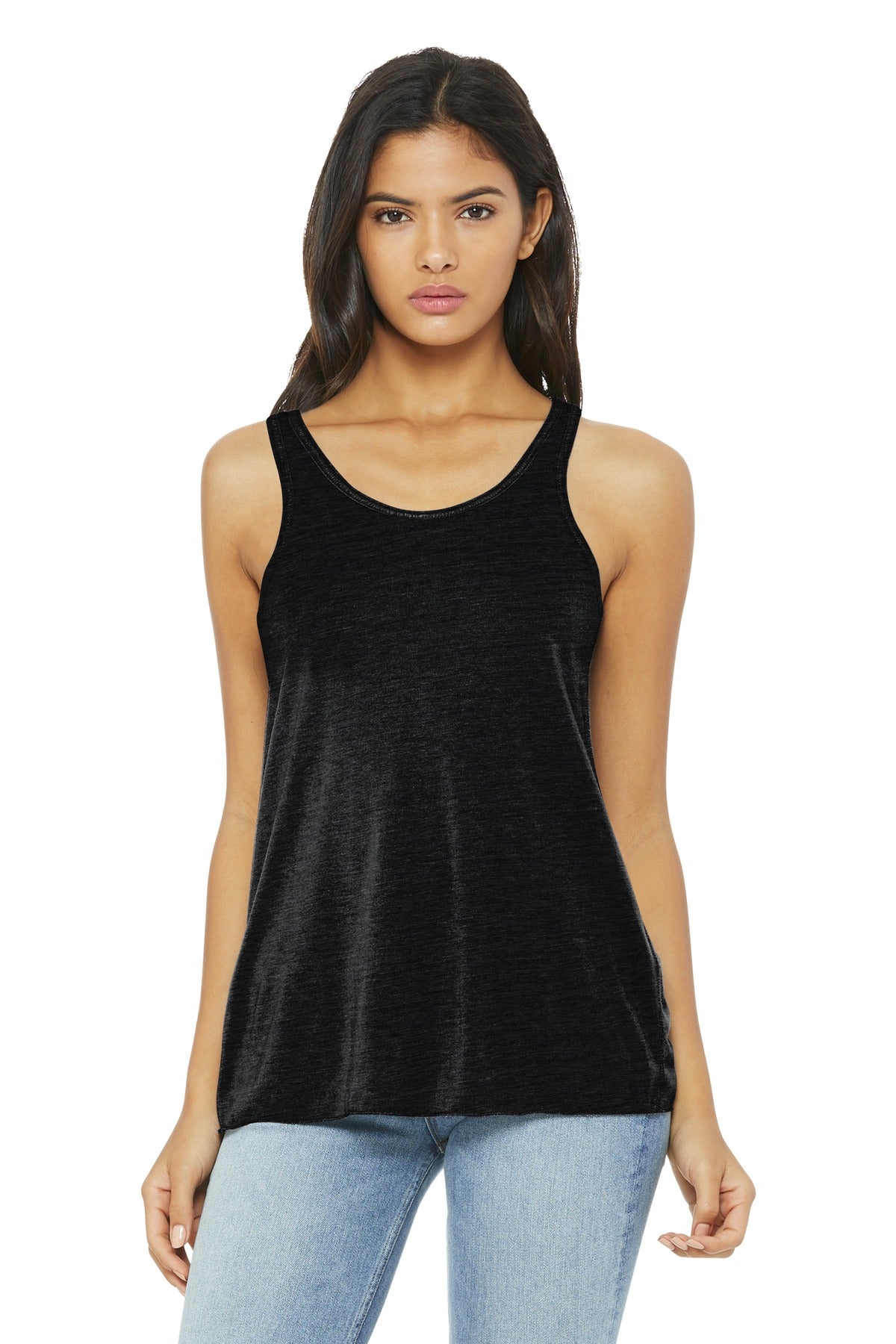 BELLA+CANVAS Women's Flowy Racerback Tank. BC8800 - Solid Black Slub - front