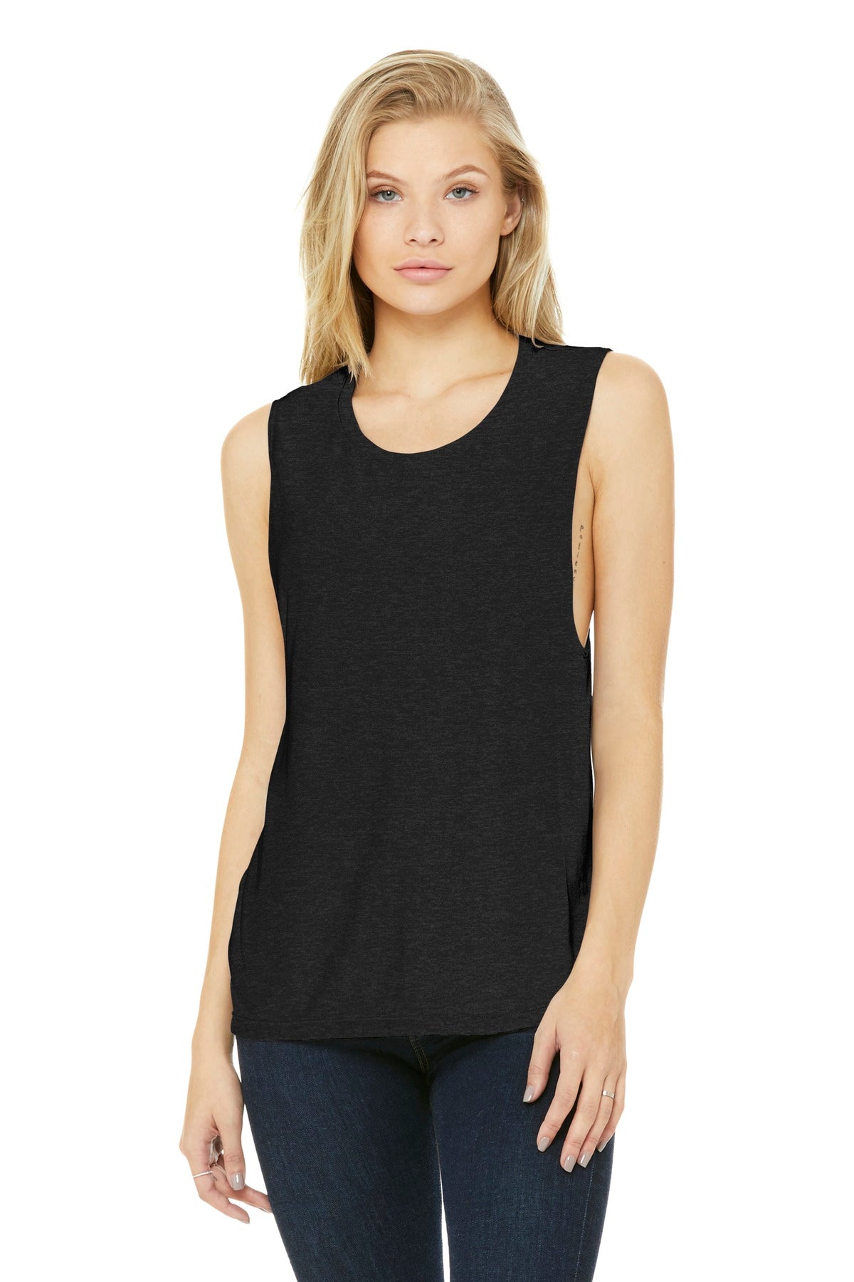 BELLA+CANVAS Women's Flowy Scoop Muscle Tank. BC8803 - Black Heather - front