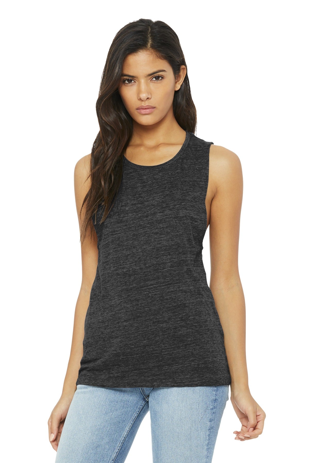 BELLA+CANVAS Women's Flowy Scoop Muscle Tank. BC8803 - Charcoal Black Slub - front