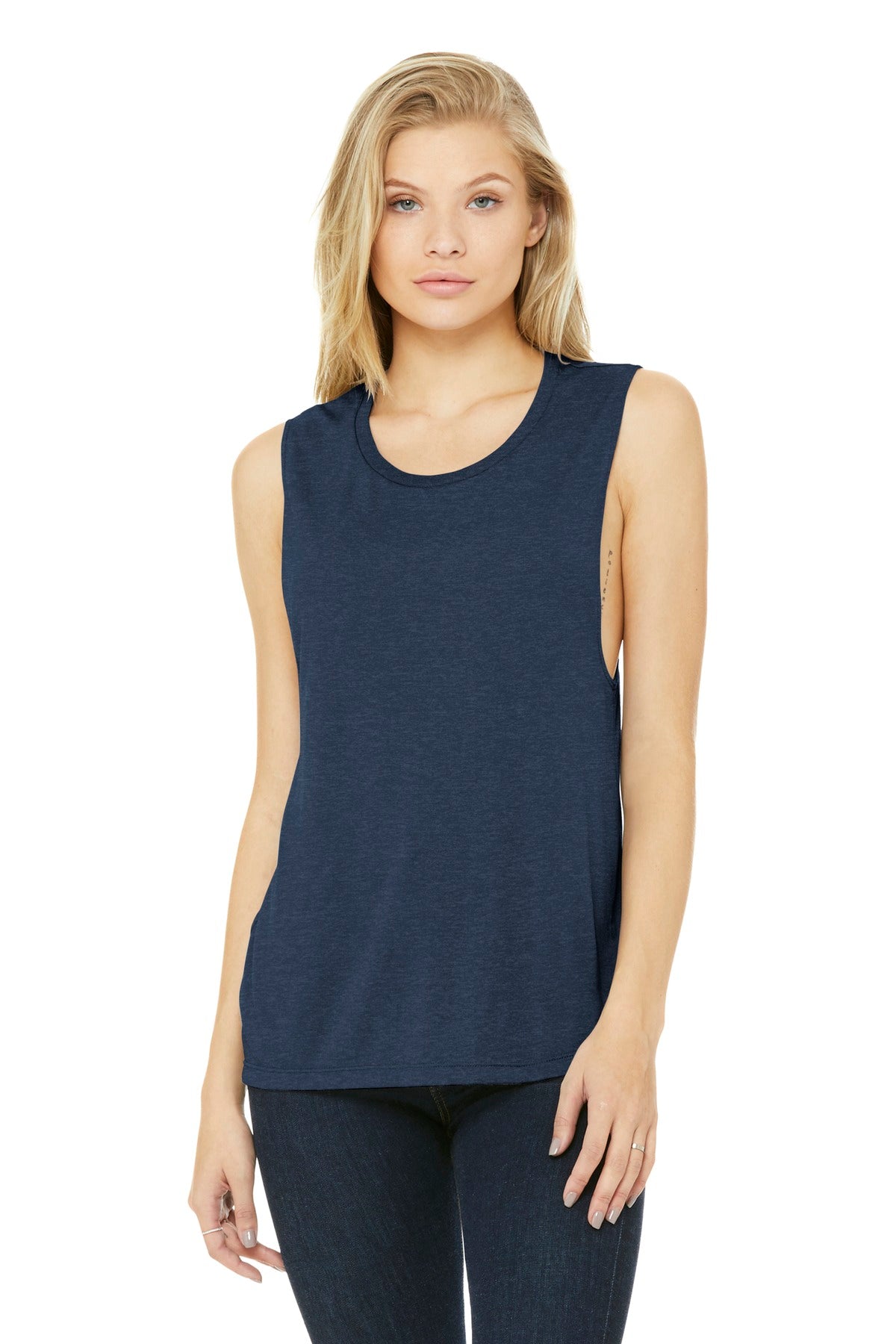 BELLA+CANVAS Women's Flowy Scoop Muscle Tank. BC8803 - Heather Navy - front