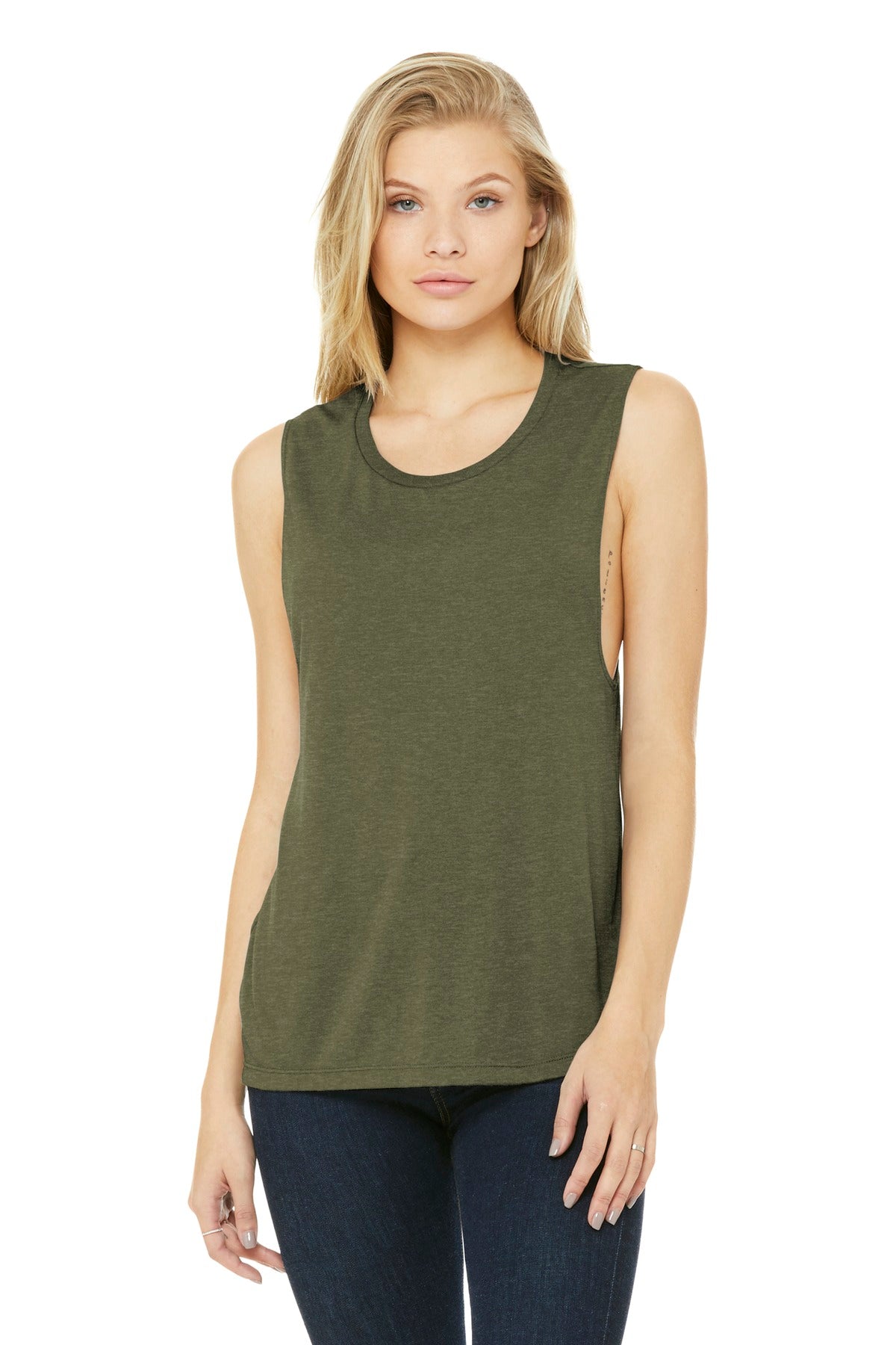 BELLA+CANVAS Women's Flowy Scoop Muscle Tank. BC8803 - Heather Olive - front