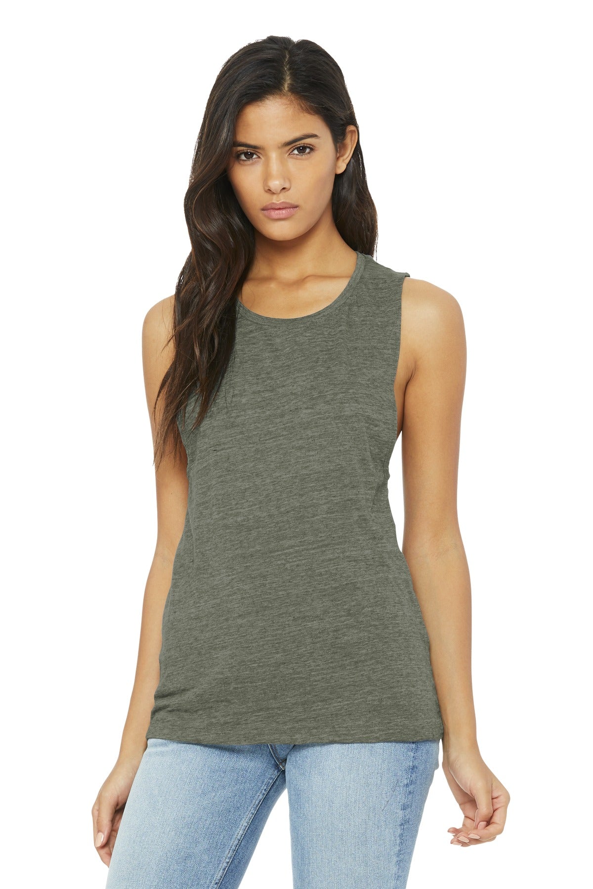 BELLA+CANVAS Women's Flowy Scoop Muscle Tank. BC8803 - Olive Slub - front