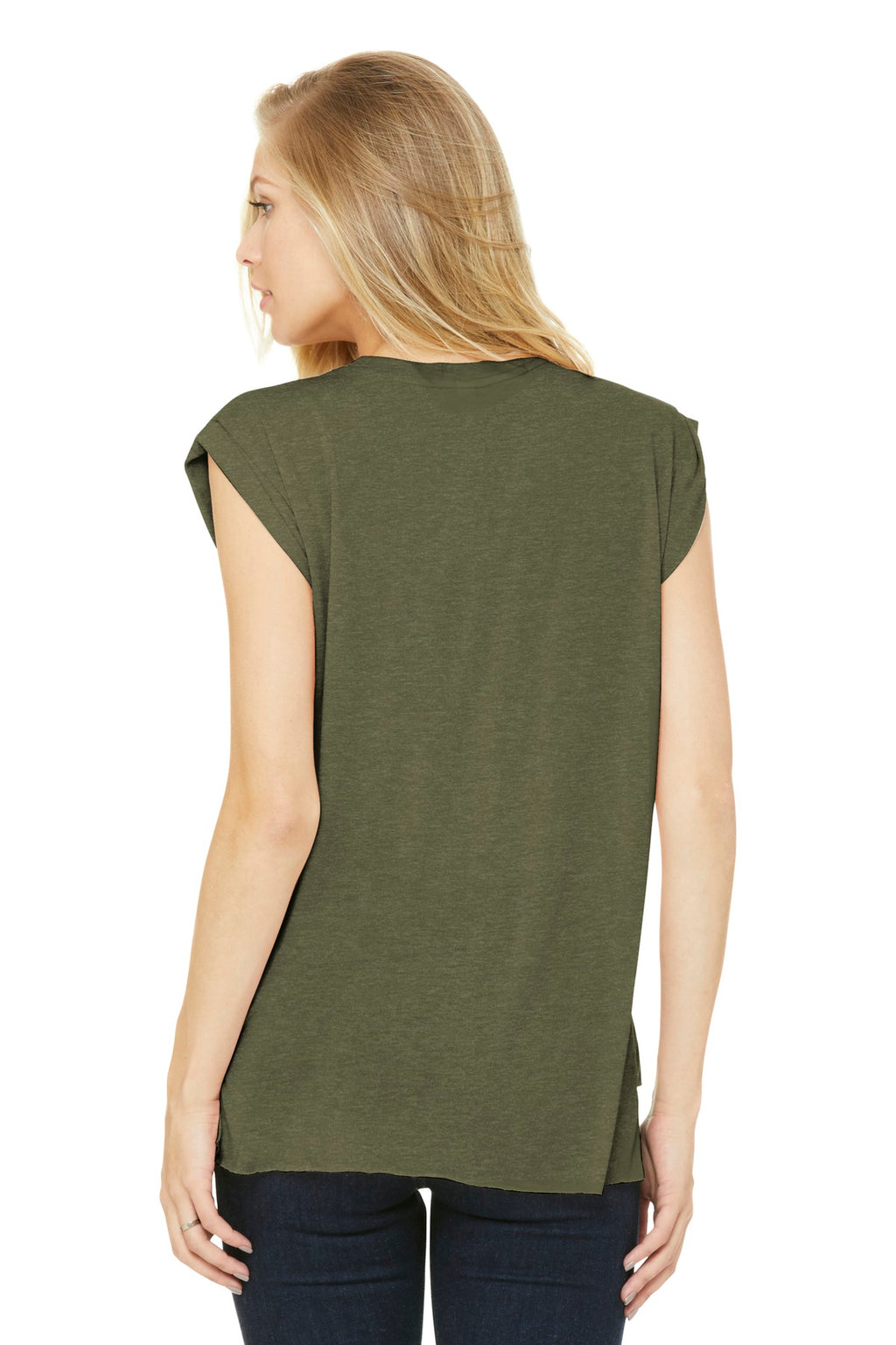BELLA+CANVAS Women's Flowy Muscle Tee with Rolled Cuffs BC8804 - Heather Olive - back