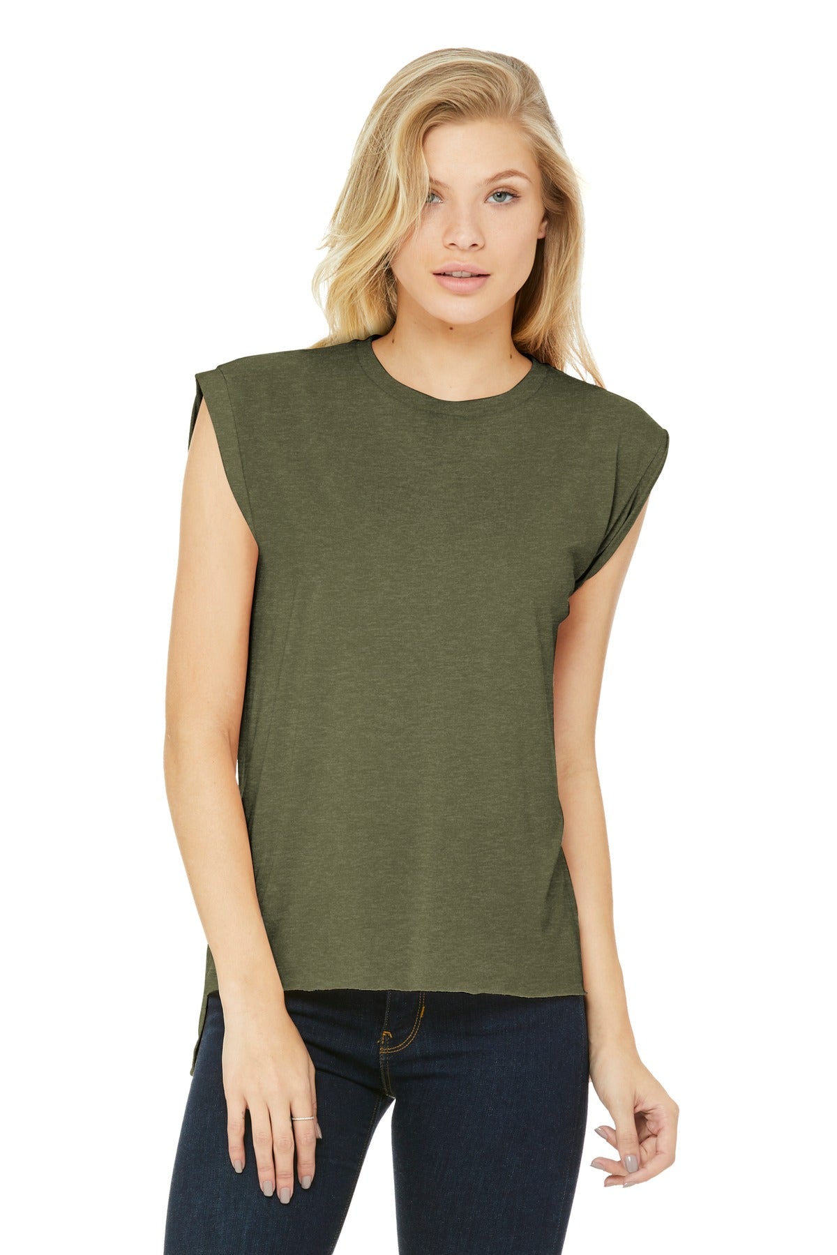 BELLA+CANVAS Women's Flowy Muscle Tee with Rolled Cuffs BC8804 - Heather Olive - front