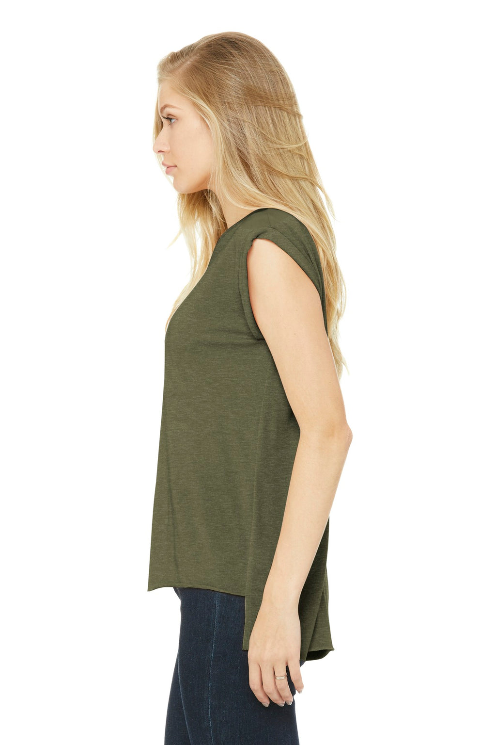 BELLA+CANVAS Women's Flowy Muscle Tee with Rolled Cuffs BC8804 - Heather Olive - side