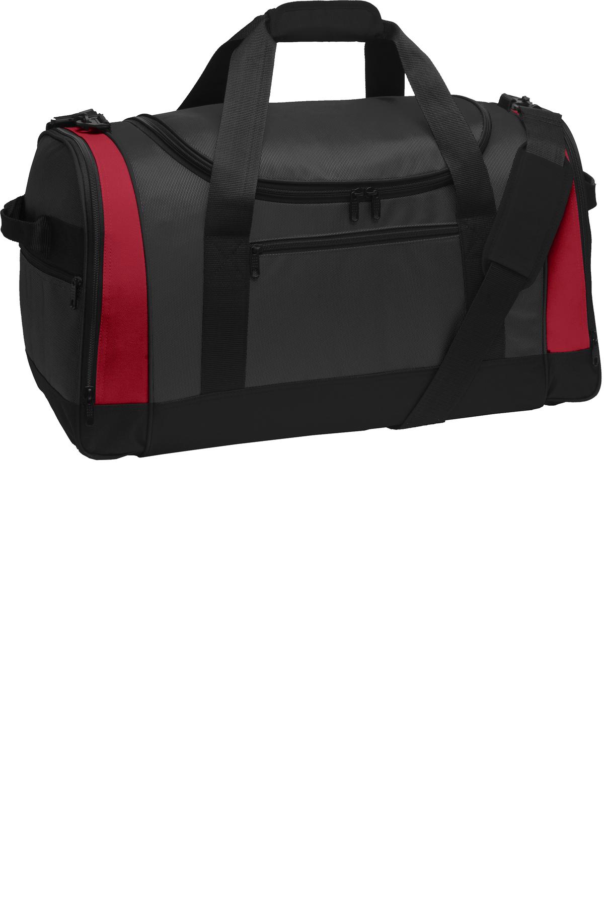 Port Authority Voyager Sports Duffel. BG800 - Dark Grey/ Red - front