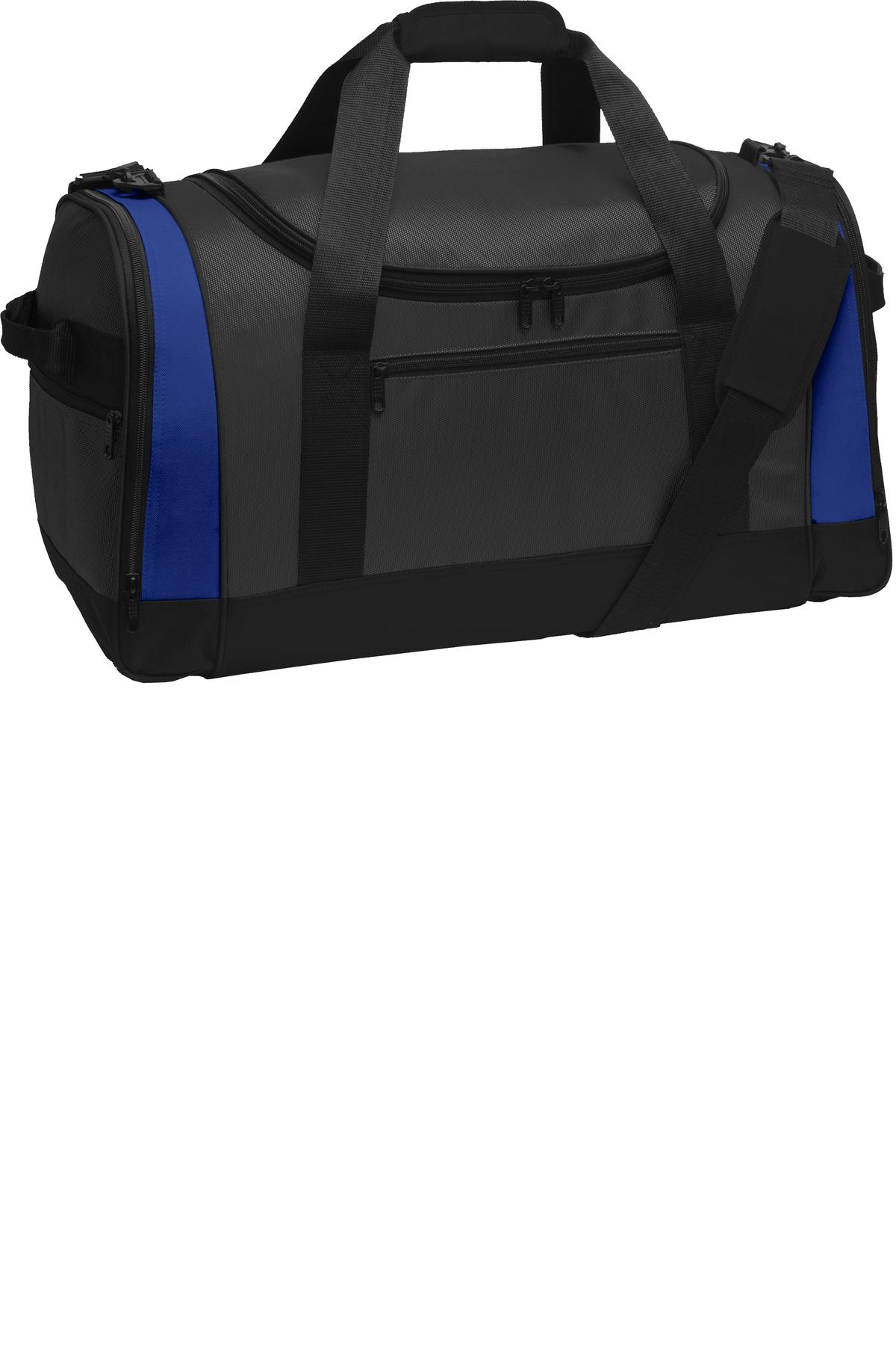 Port Authority Voyager Sports Duffel. BG800 - Dark Grey/ Twilight Blue - front