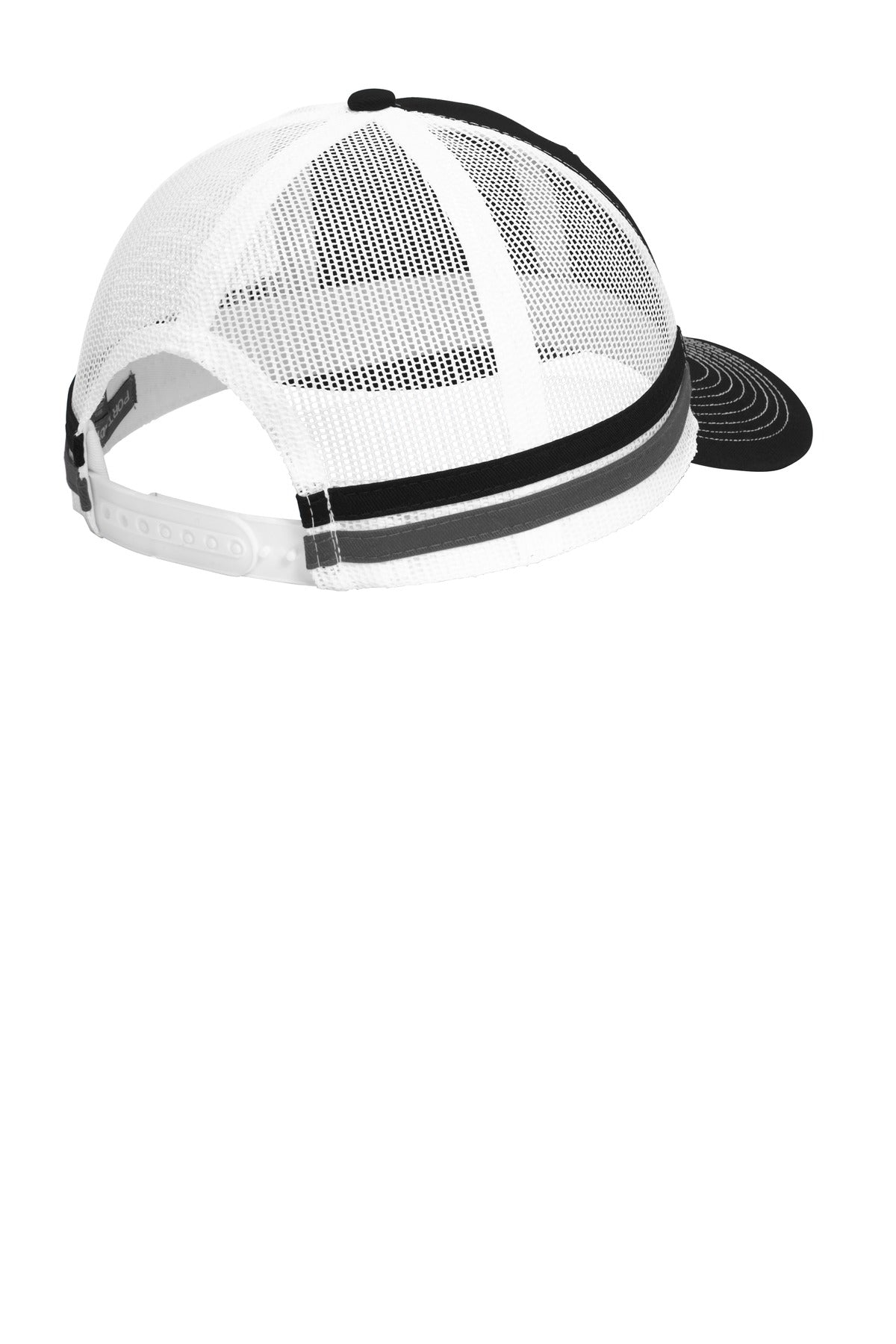 Port Authority Two-Stripe Snapback Trucker Cap. C113 - Black/ Grey Steel/ White - back